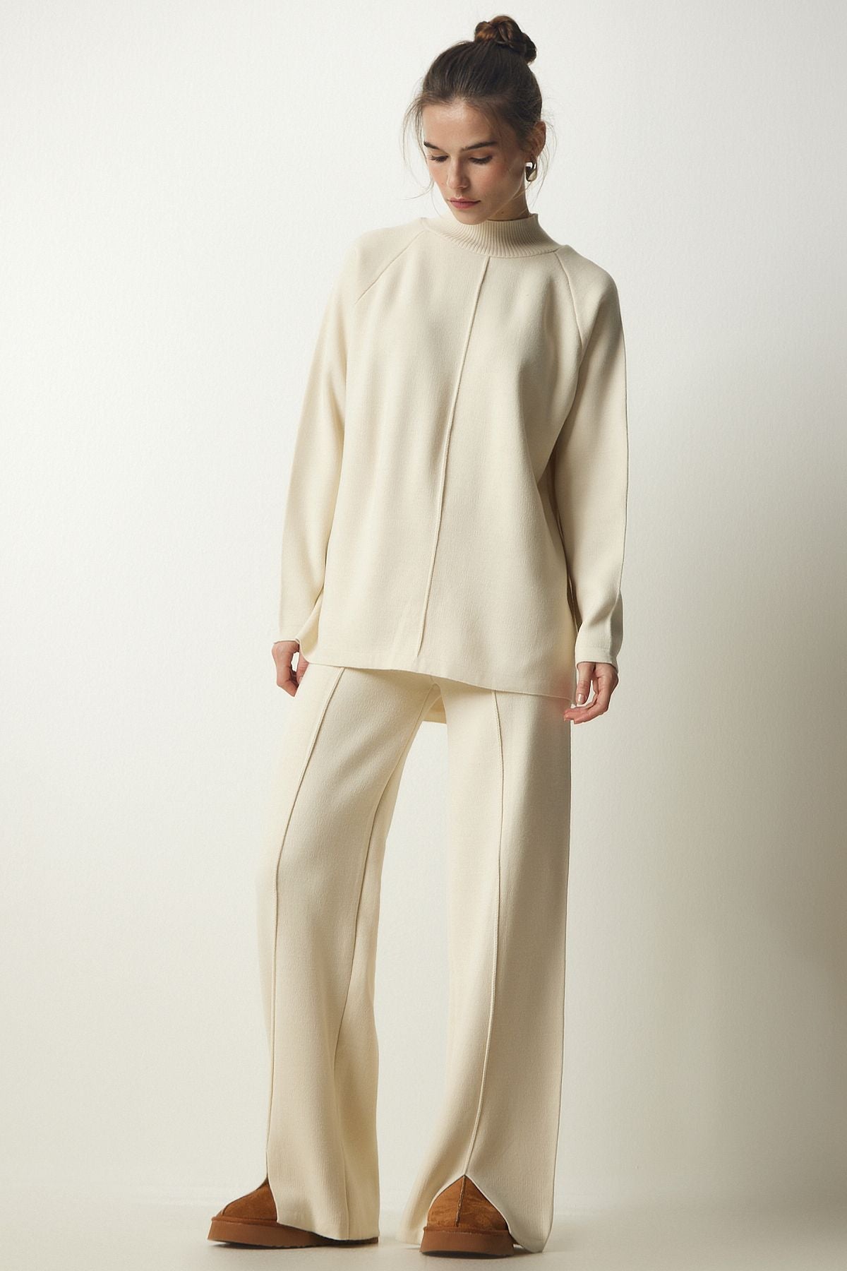 Women's Cream Stylish Knitwear Cossack Pants Set Mu00012