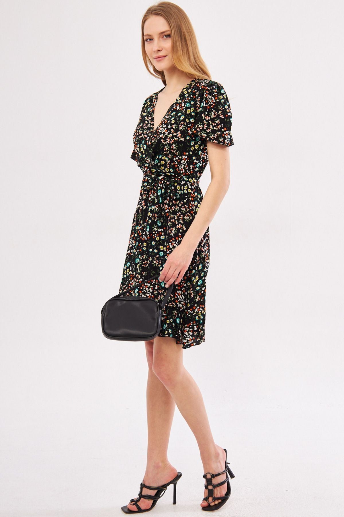 Female Black Tessera Dress Cruve Collar Skirt Ruffed Patterned Mini Size ARM-24Y001024