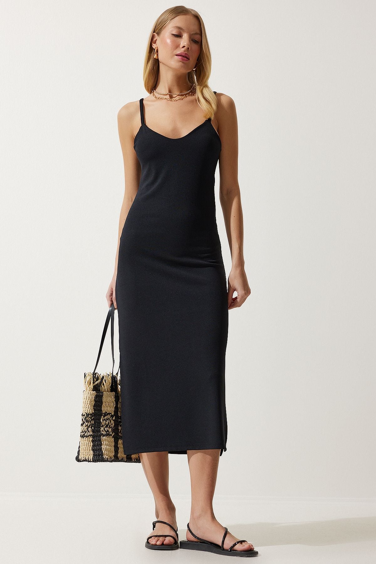 Female Black Hanger Slit Rugged Knitting Dress MC00275