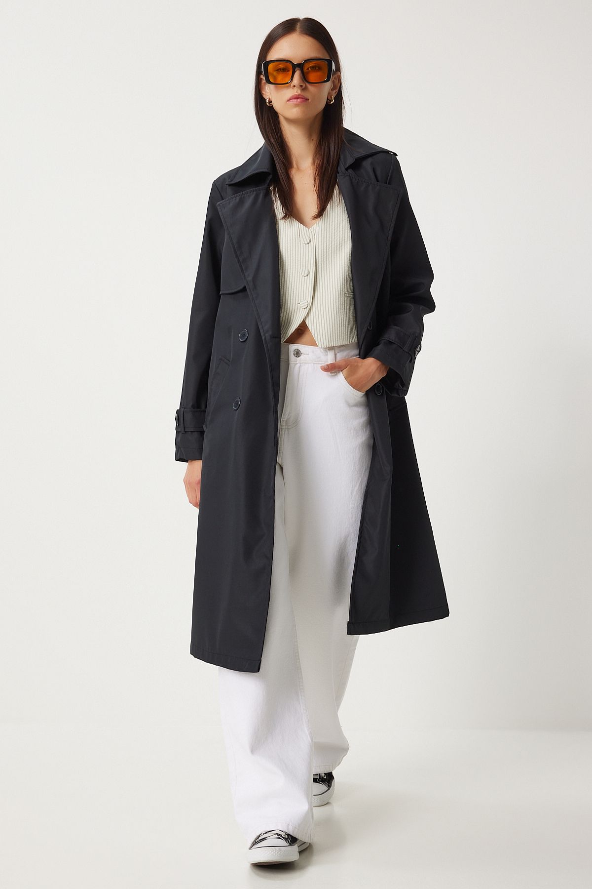 Women's black draped long trench coat DD01334