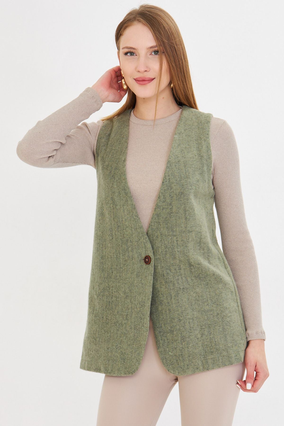 Female Green V-Neck Single Button Oversize Patterned Vest ARM-25K001110