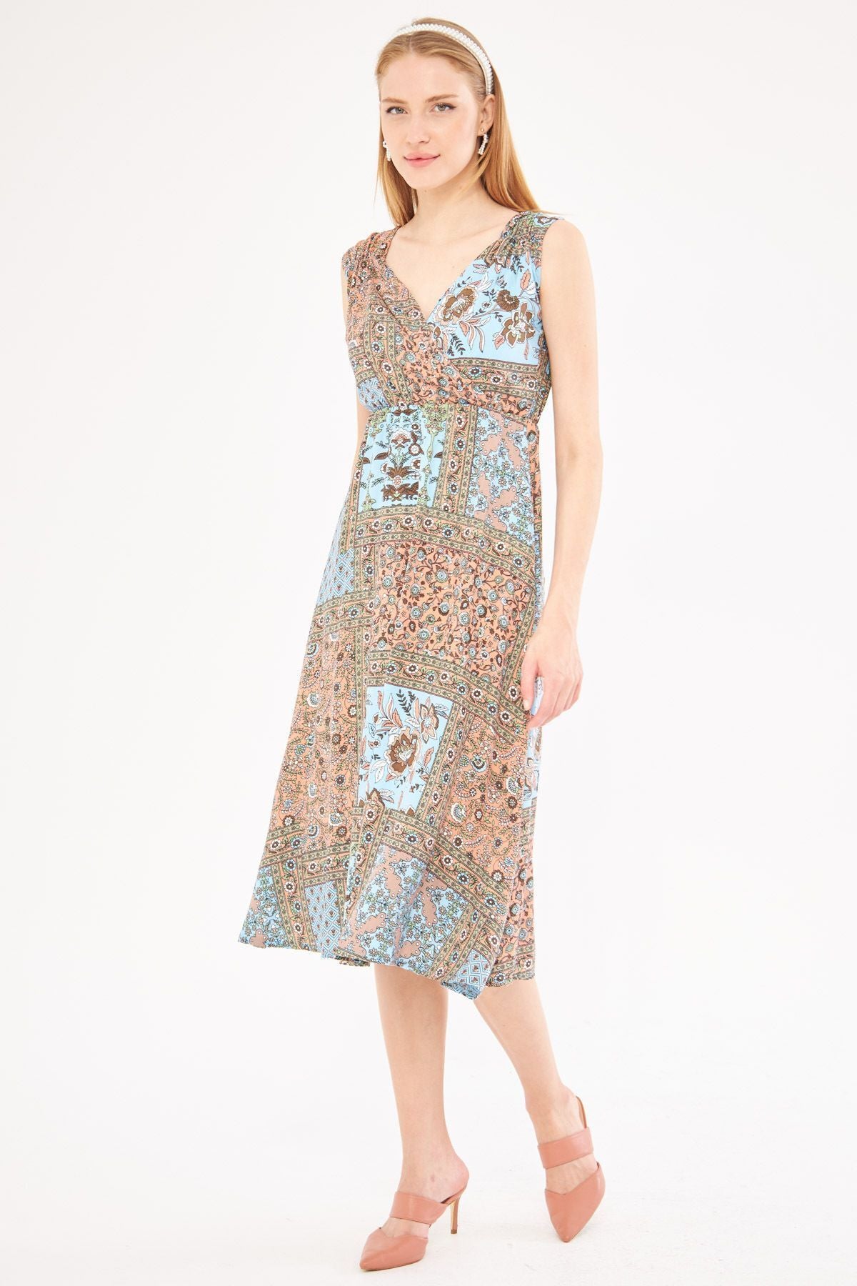 Female Baby Blue Patterned Waist and Shooter Cruve Cruve Midi Boy Dress ARM-24Y001052