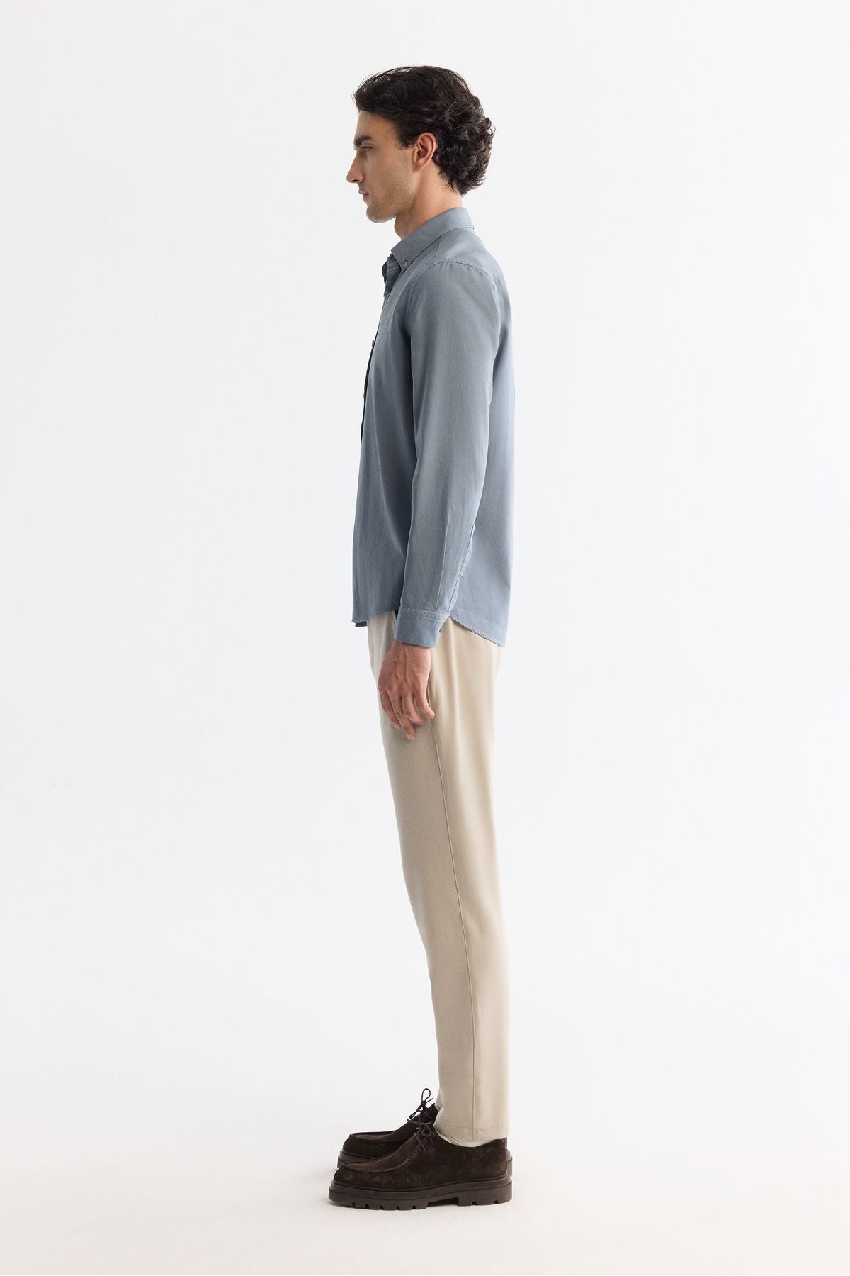 Men's oil blue button collar diagonel cotton shirt B002036