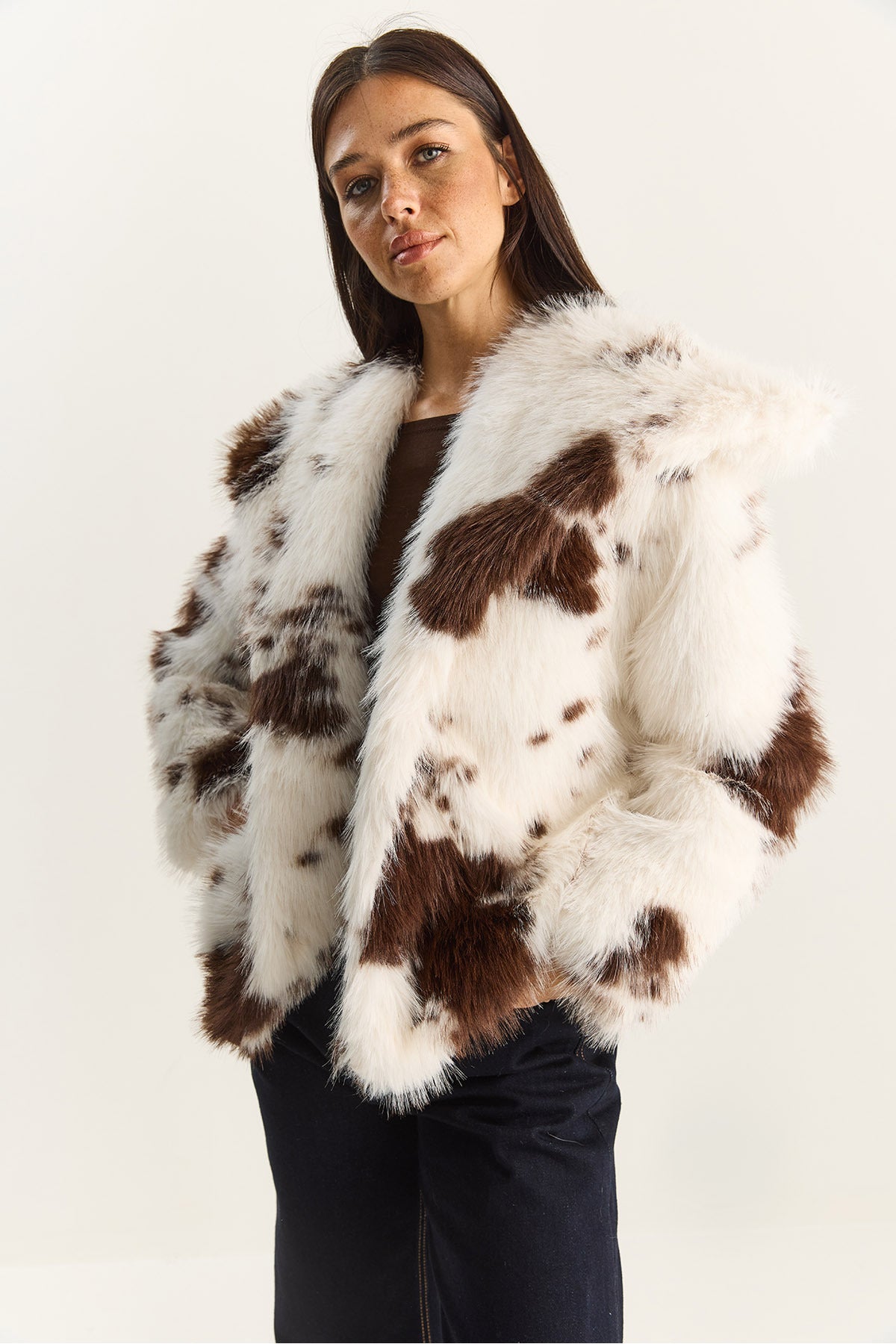 Women's Cow Pattern Lined Faux Fur Jacket 3489 60283866