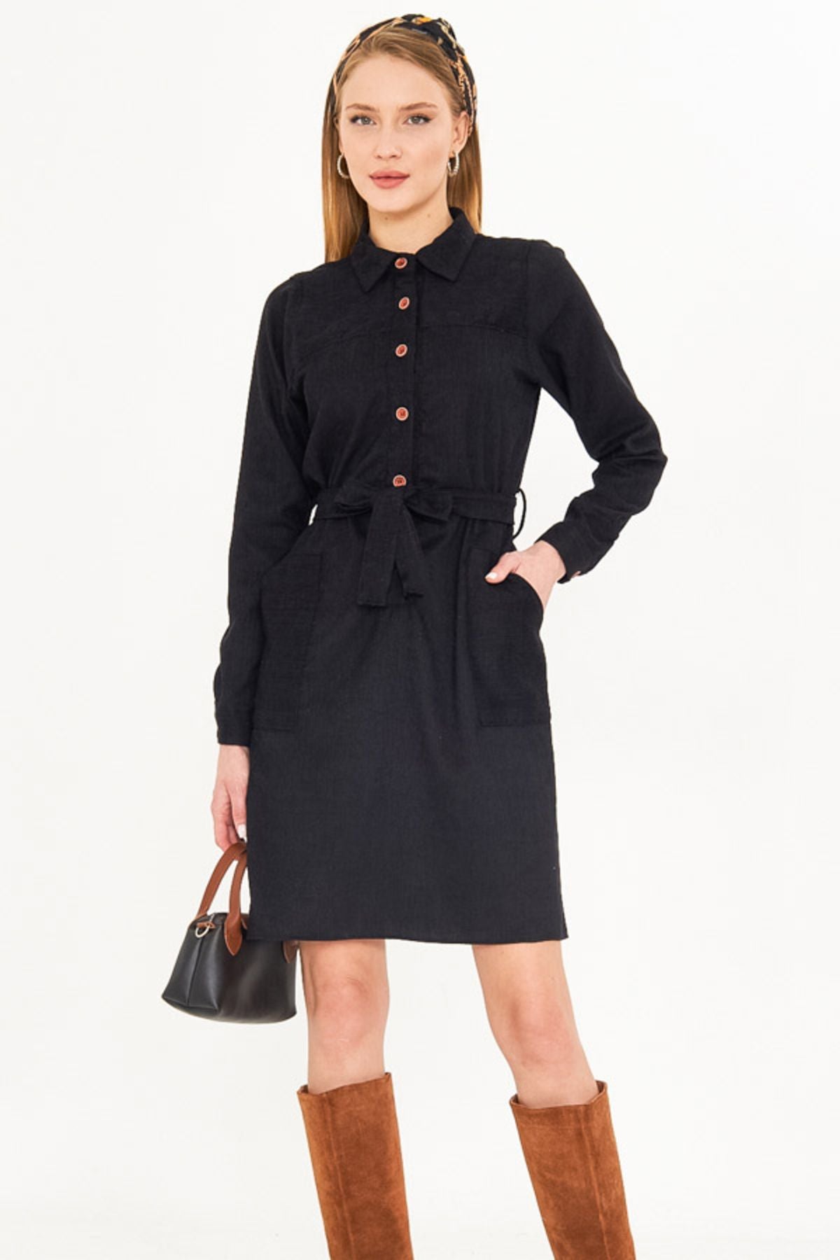 Female black front buttoned pocket belt velvet dress ARM-25K001085