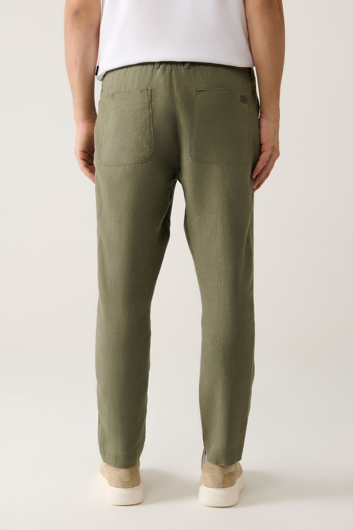 Men's Khaki Waist Waist Tire 100 %Linen Pants B003032