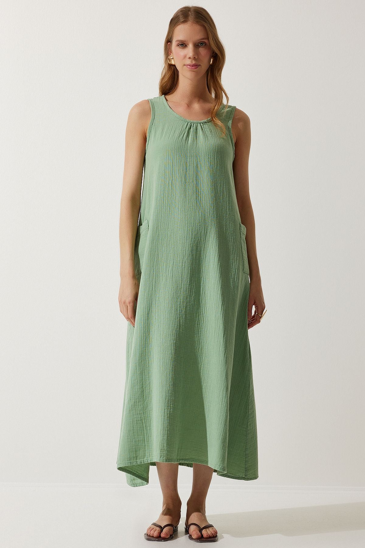 Women's Cagla Green Wide Pocket Summer House Muslin Dress Sa00022