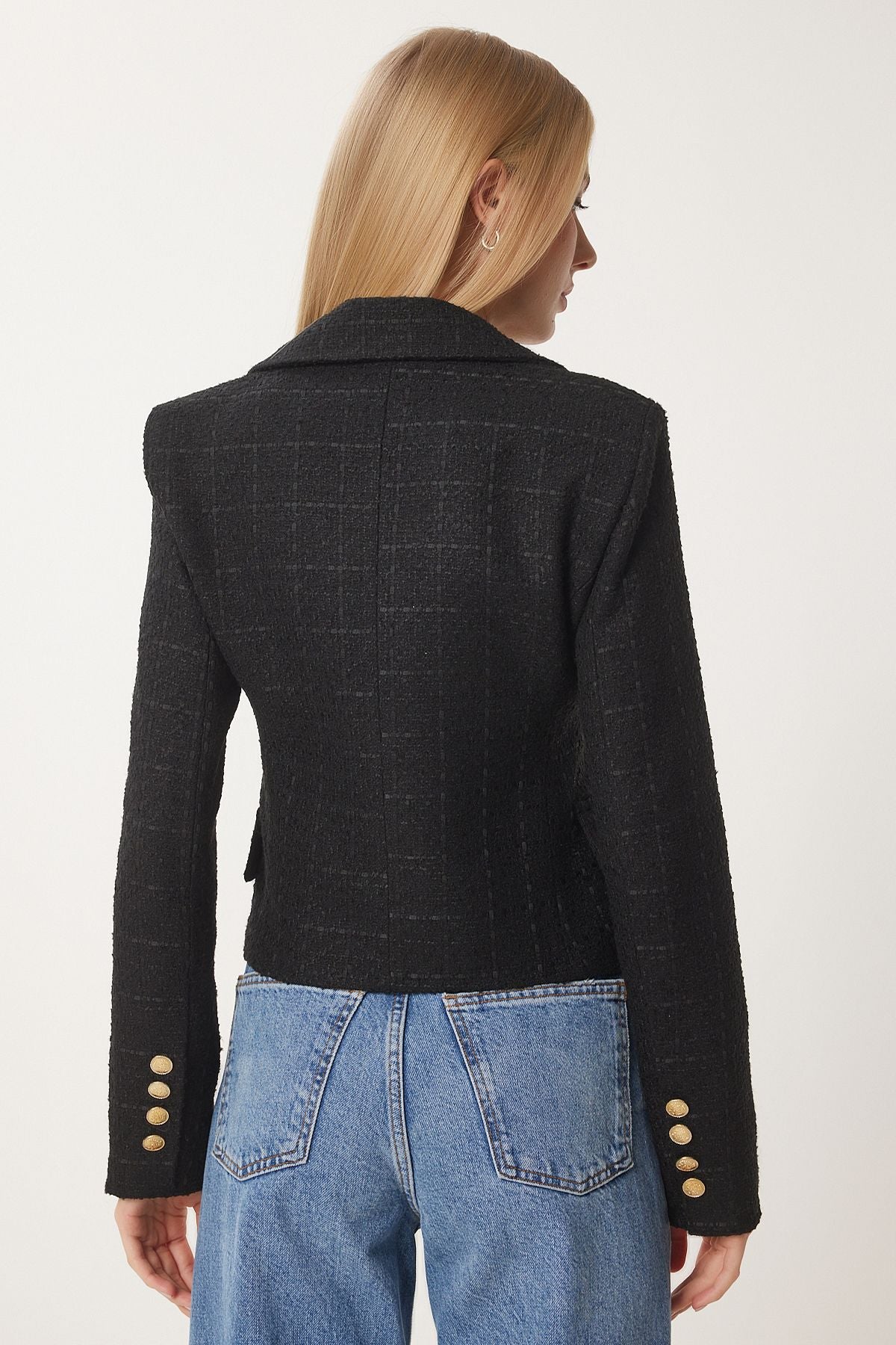 Female Black Dore Button Tüvit Woven Jacket WF00091
