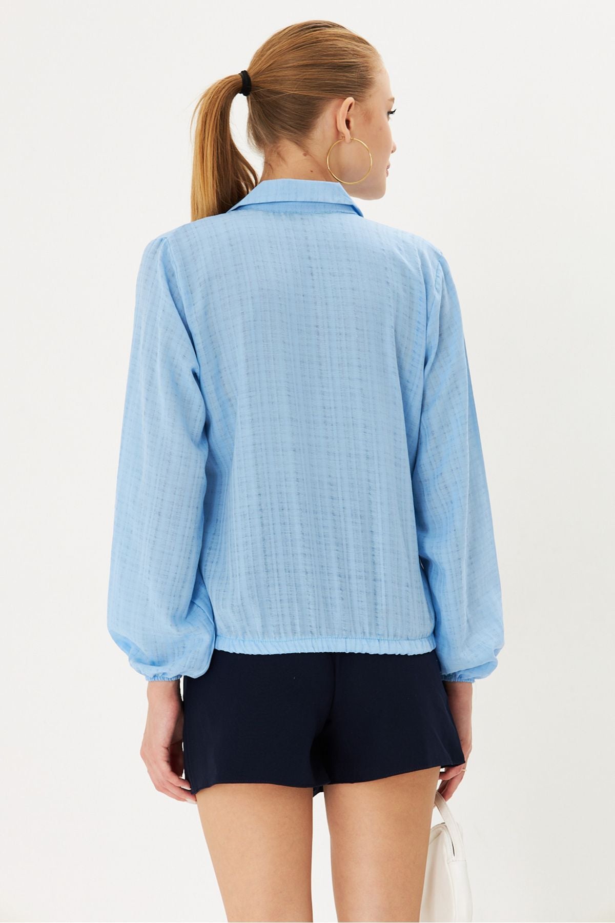 Female Baby Blue Band and Waist Rubble Cruve Blouse ARM-25K001041