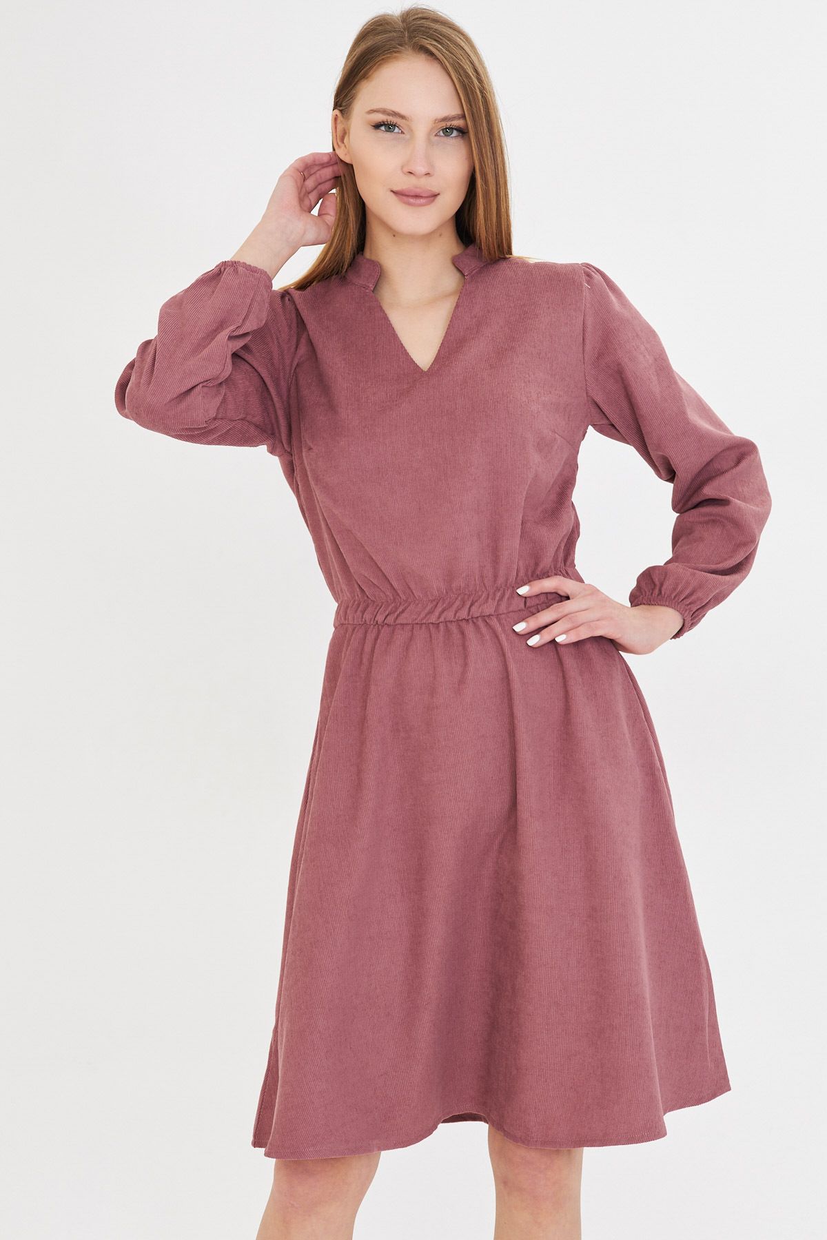 Woman Dark Gülkurusu Velvet V-Yaka Waist Tire Thin Red Clash Dress ARM-25K001049