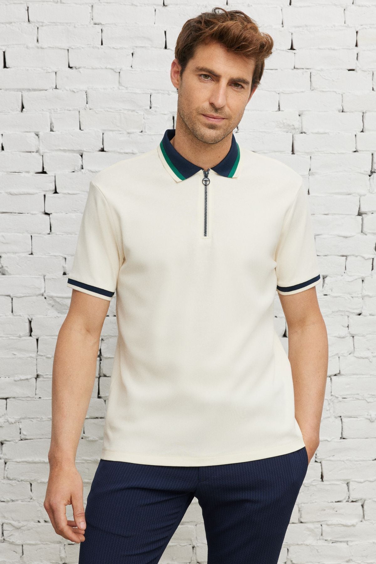 Men's Ecru Lacı Regular Fit Casual Cut Polo Yaka 100 %Cotton T -shirt
