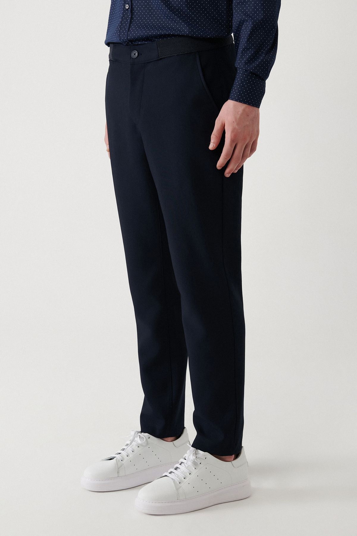 Men's navy blue knitted waist flexible rubber pants a32y3056