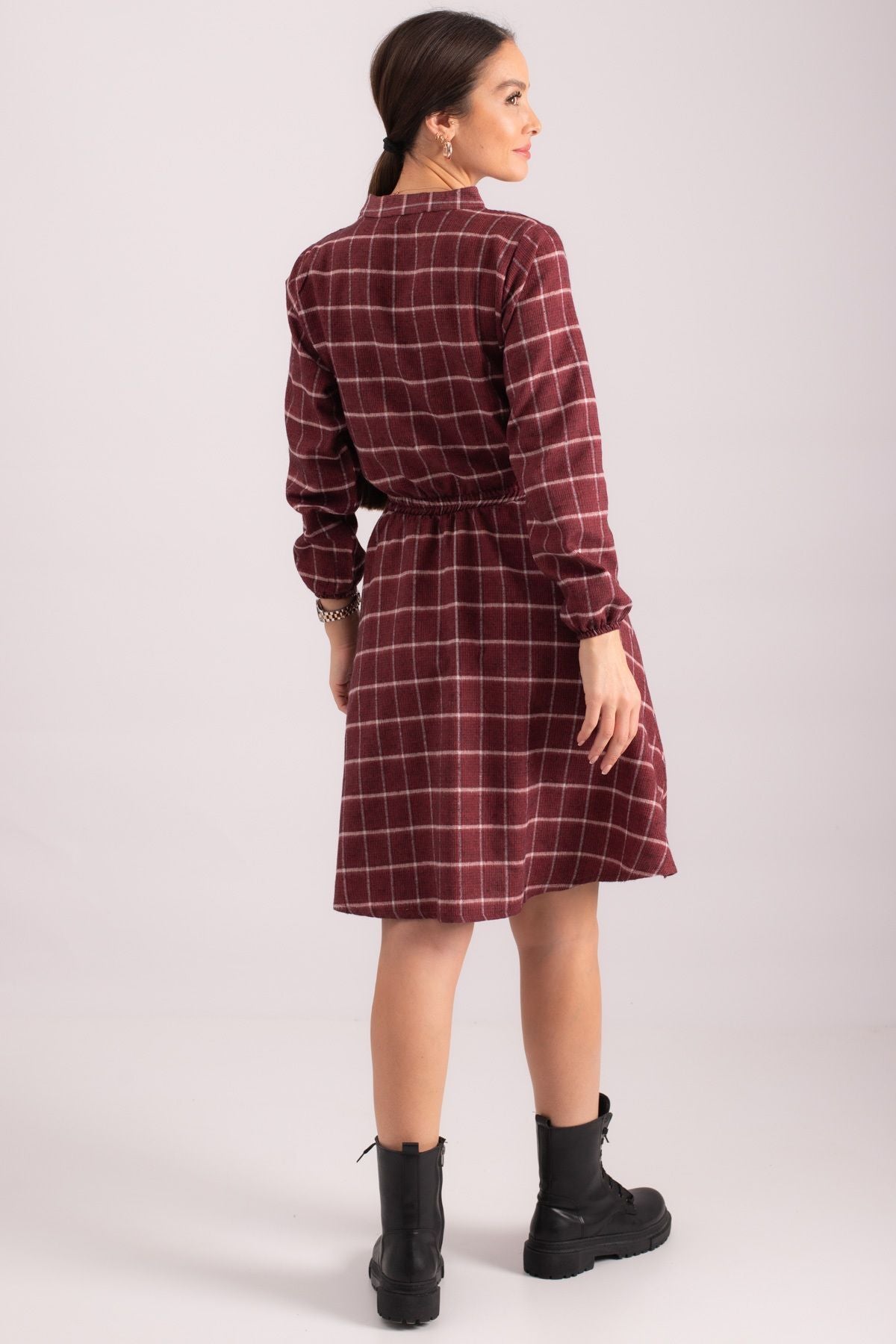 Female Bordeaux V-Yaka Waist Tire Pattern Pattern Clash Dress ARM-24K001041