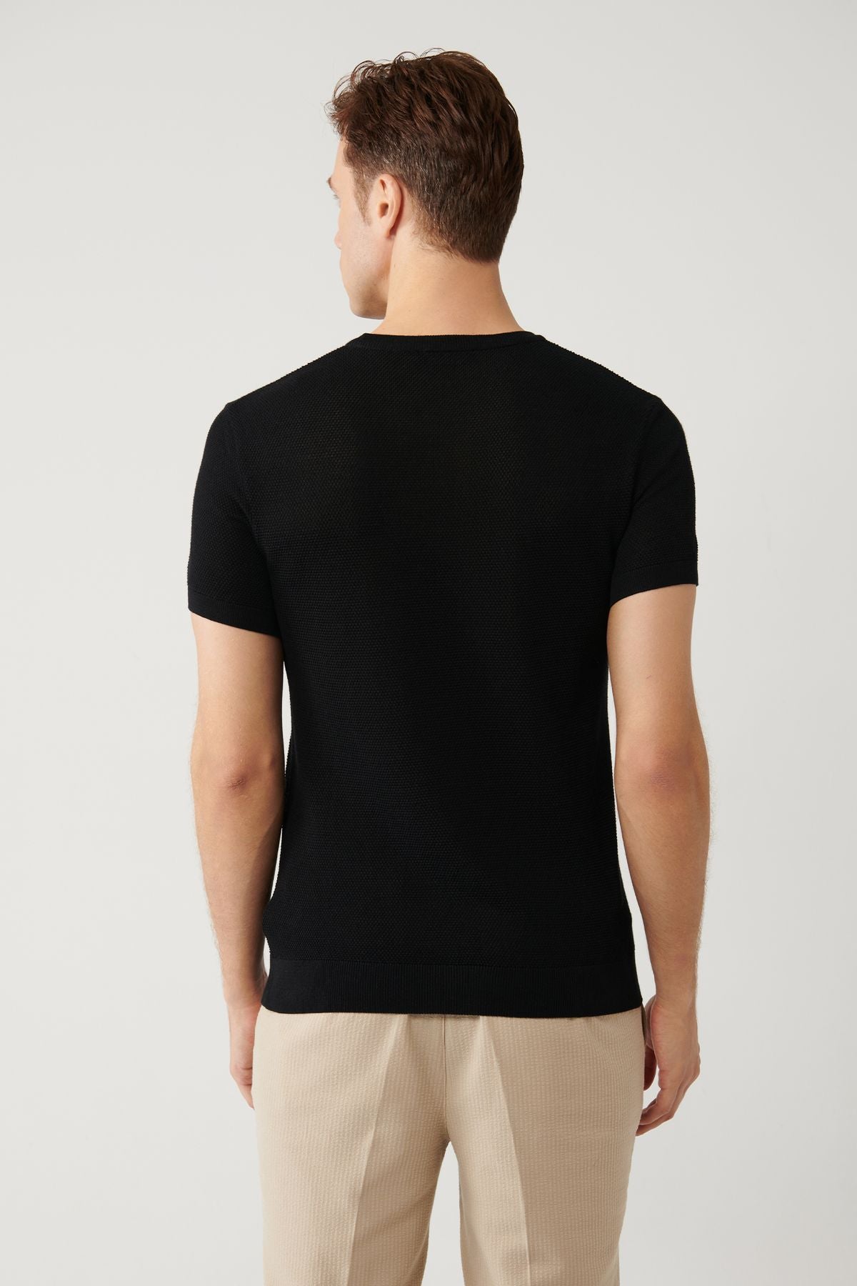 Men's Black Modal Bicycle Collar textured riban knitwear T-shirt B005010