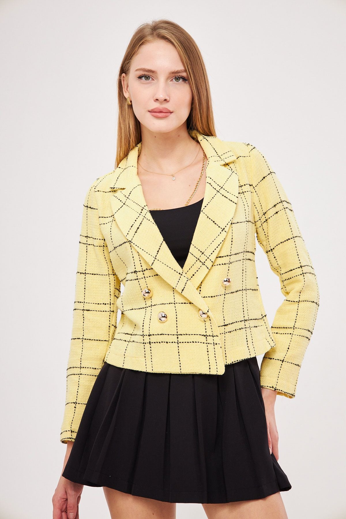 WOMEN Yellow-Black Cruve Yaka Tüvit Crop Jacket ARM-24K001014