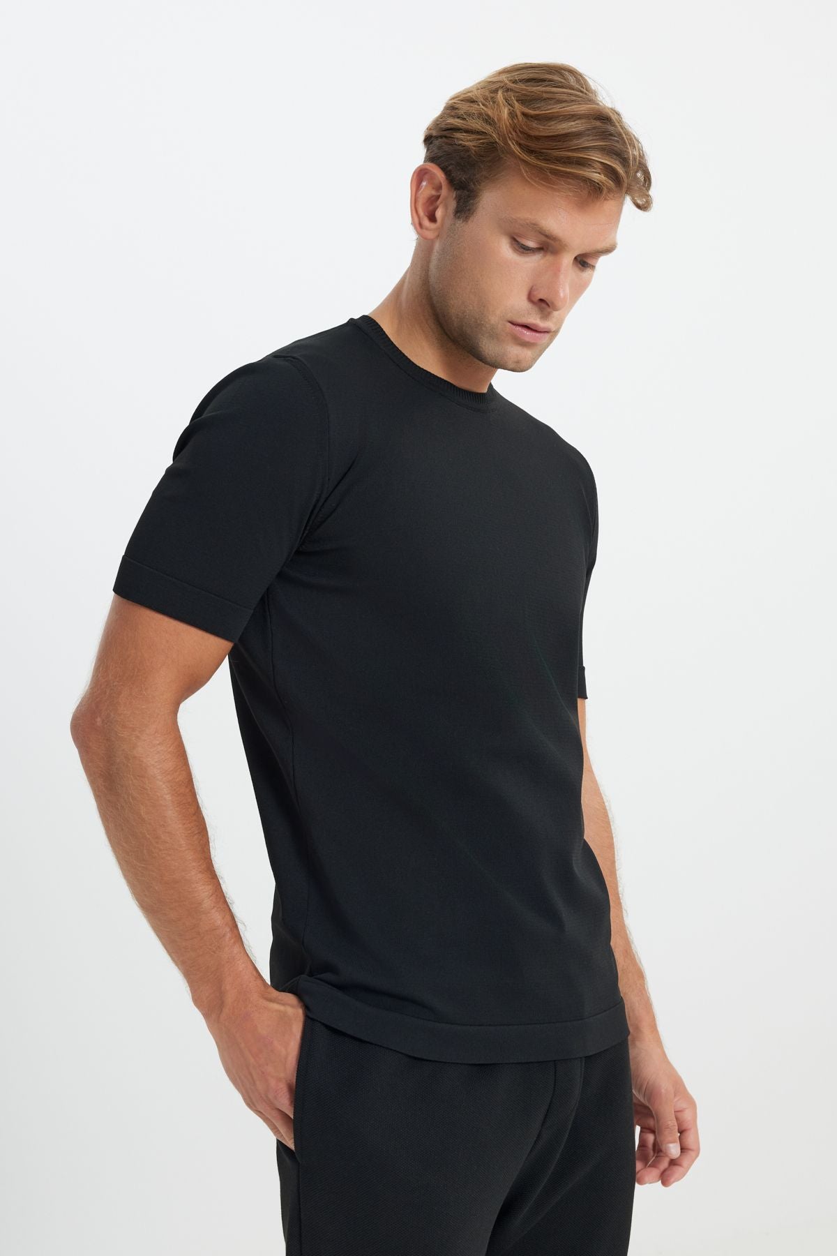 Men's Black Standard Fit Normal Normal Class Bicycle Triko T -shirt