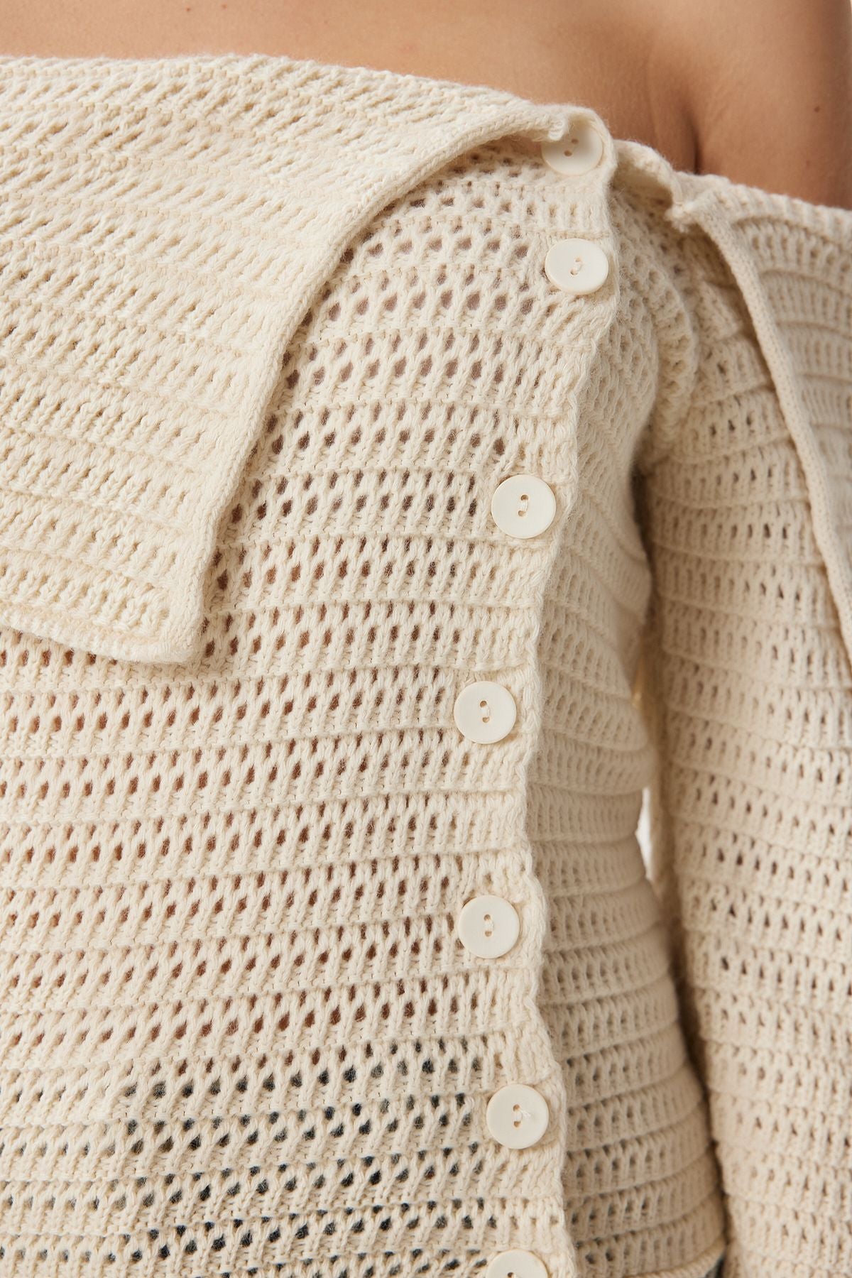 Female beige button low carmen collar knitwear blouse FN03377