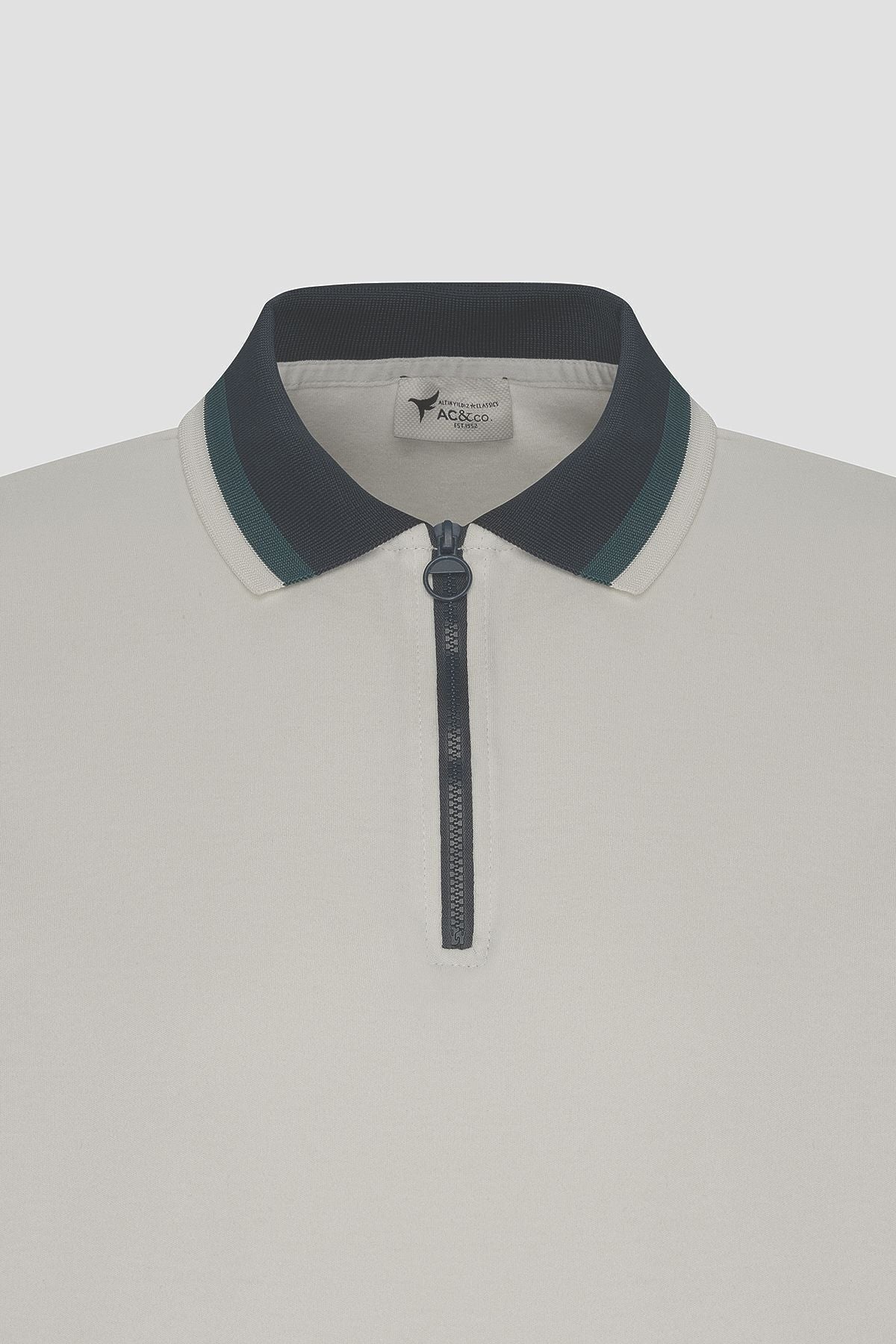Men's Ecru Lacı Regular Fit Casual Cut Polo Yaka 100 %Cotton T -shirt