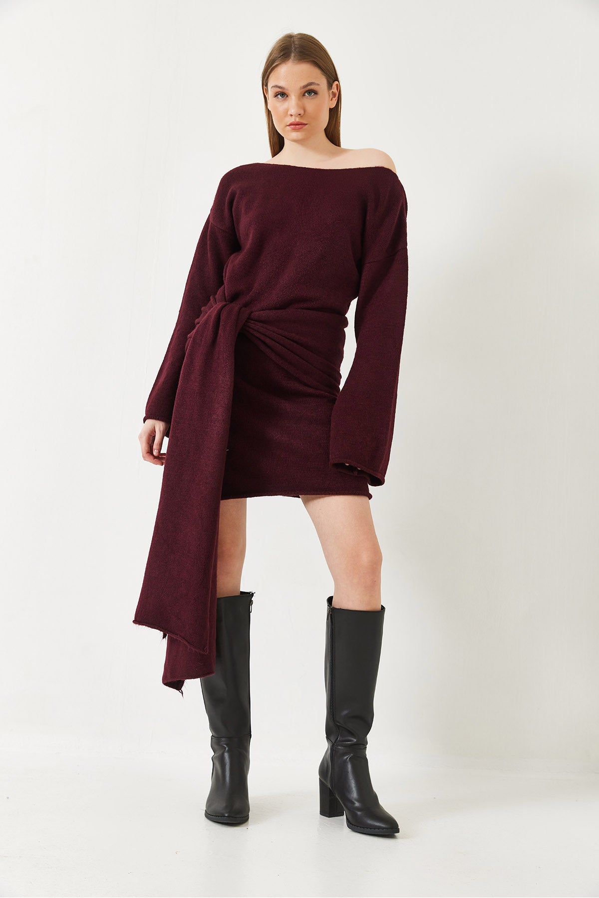 Women's Boat Neck Belted Mini Dress TE241056 60261362