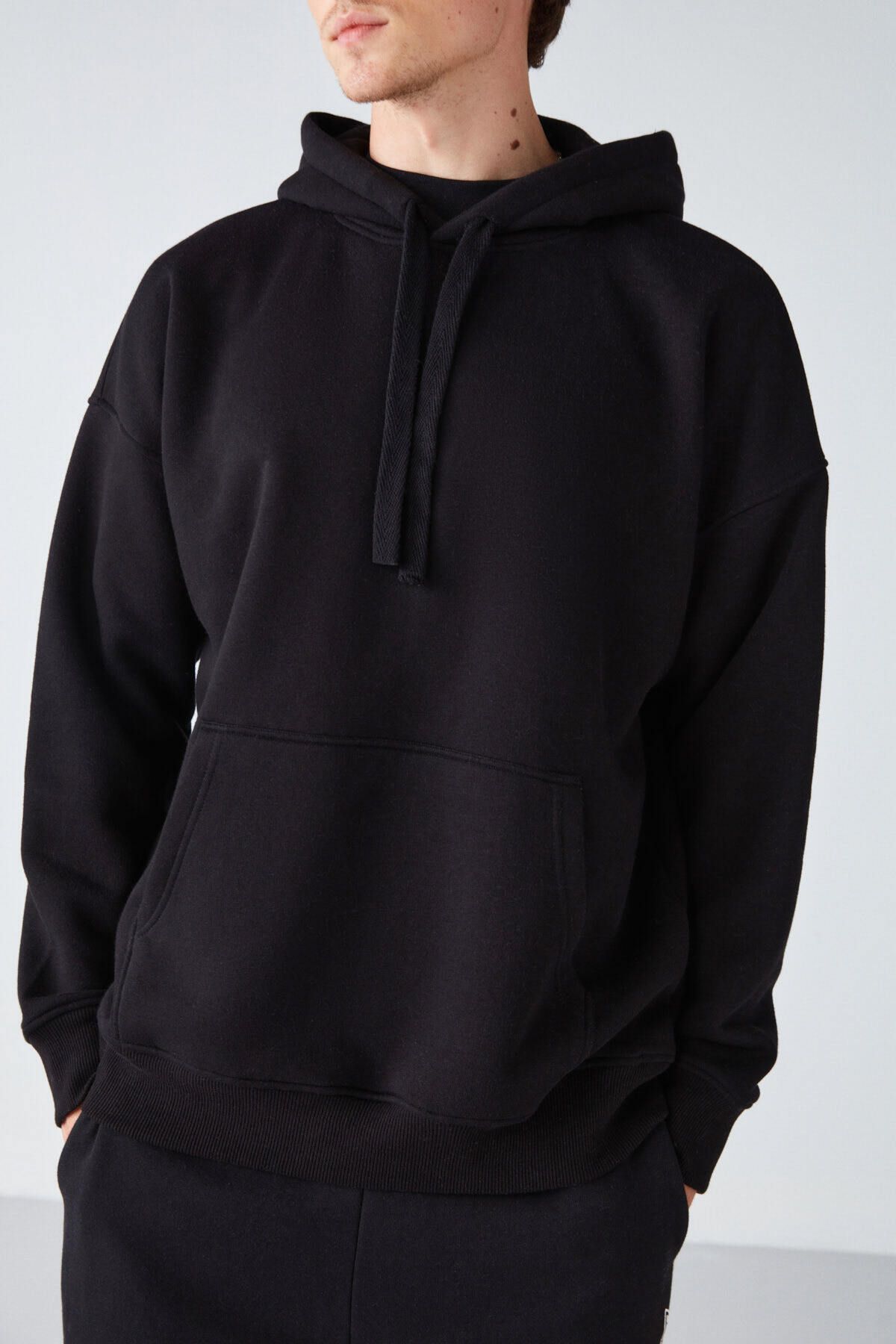 Steve Men's Sofat Fabric Cord with Oversizle Hooded Kangaroo Pocket Black Sweatshirt