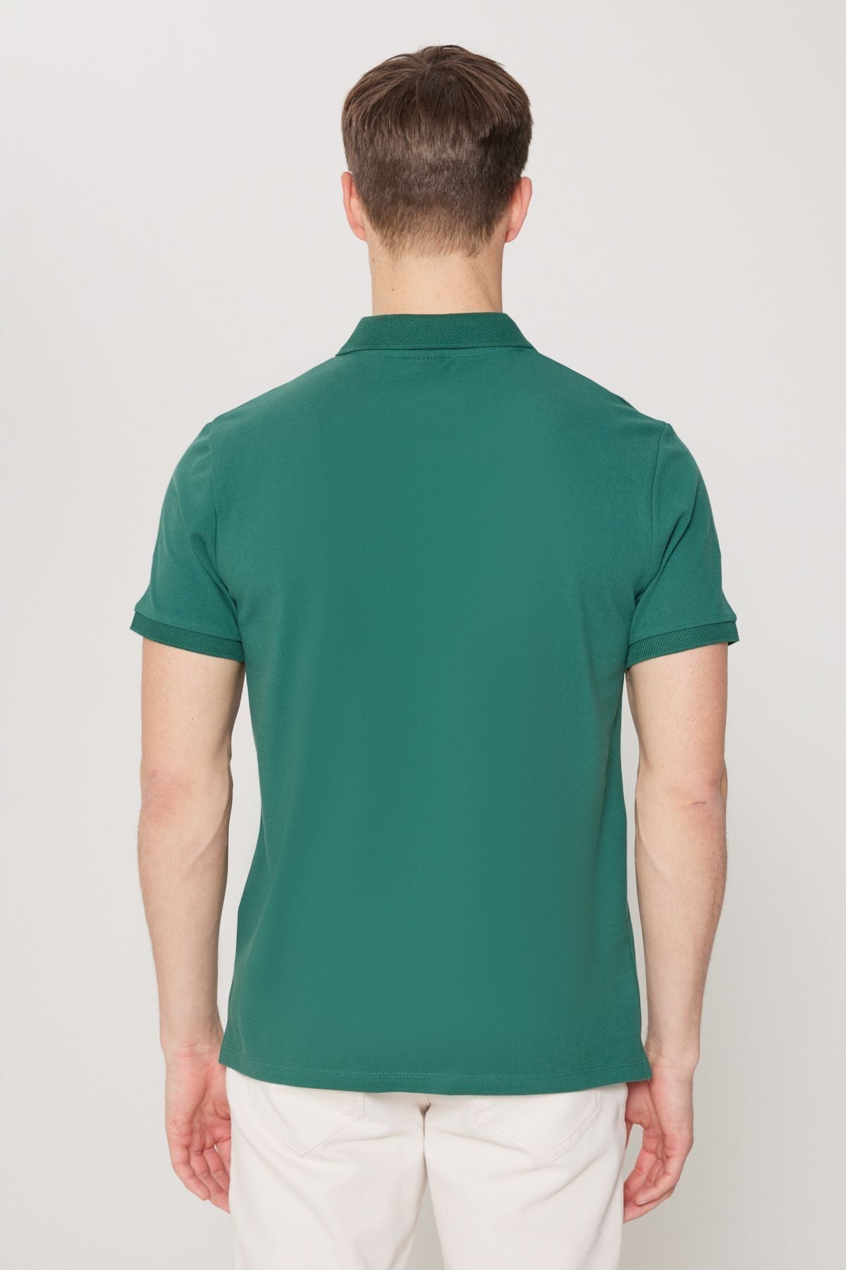 Men's Dark Green 100 %Cotton Curlled Pike Polo Yaka Slim Fit Narrow Cut T -shirt