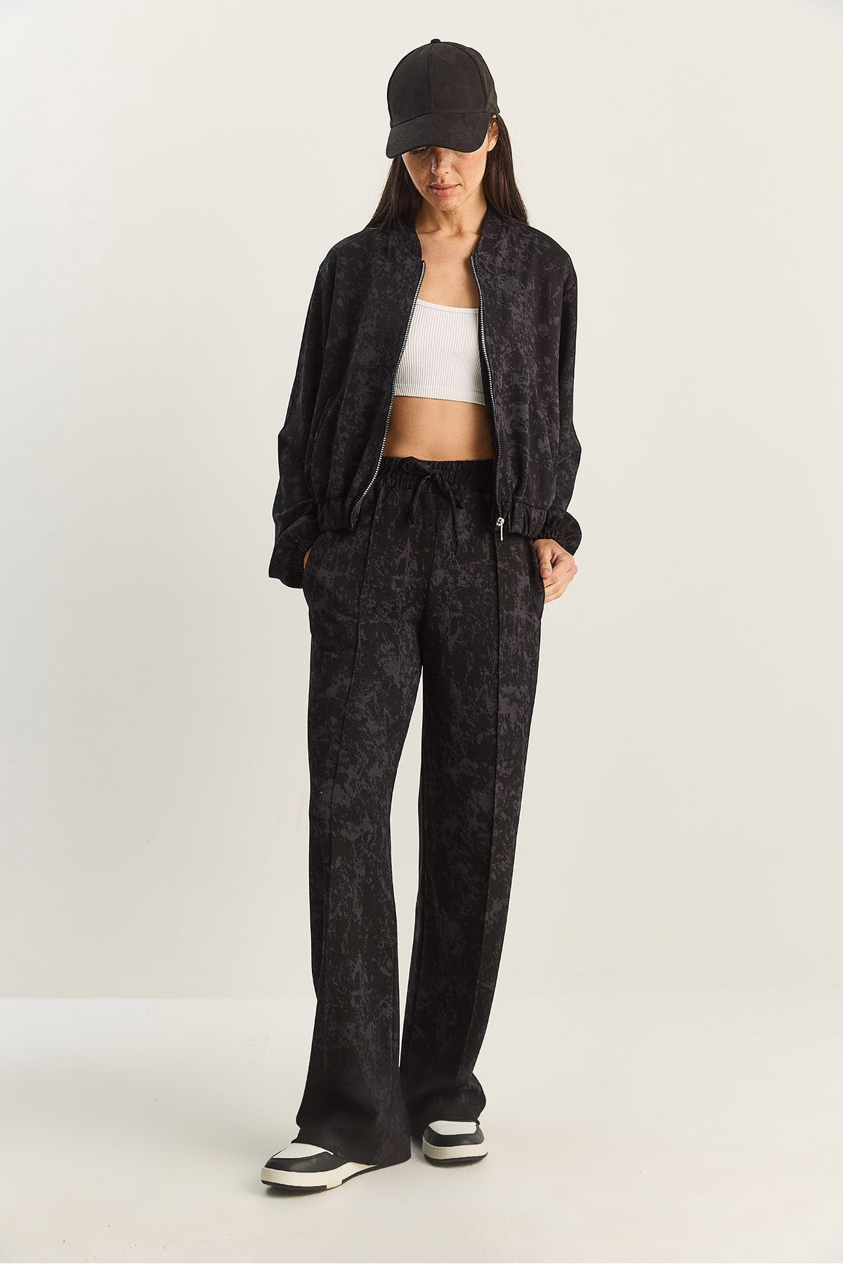 Women's Zippered Patterned Top-Bottom Knitted Suit 4098 60283846