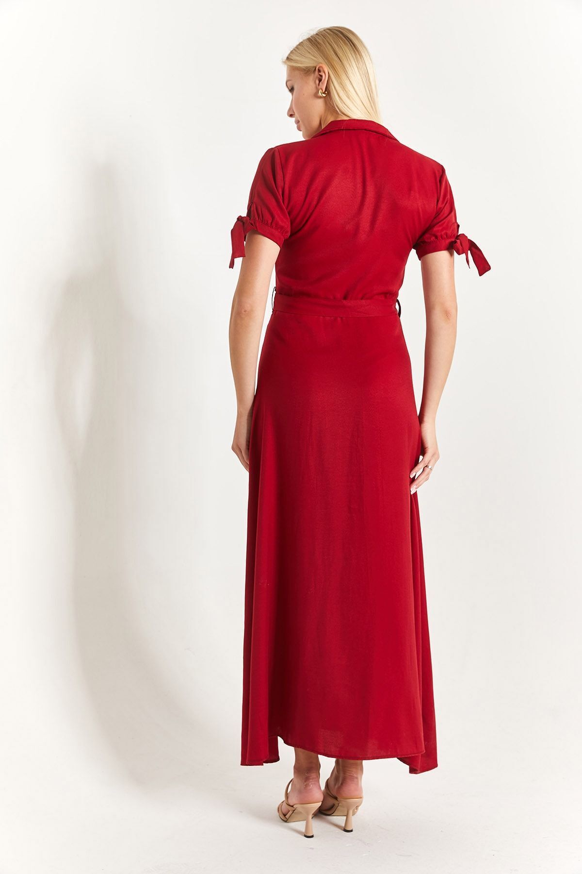 Female burgundy arm connected waist belt shirt dress ARM-23Y001004