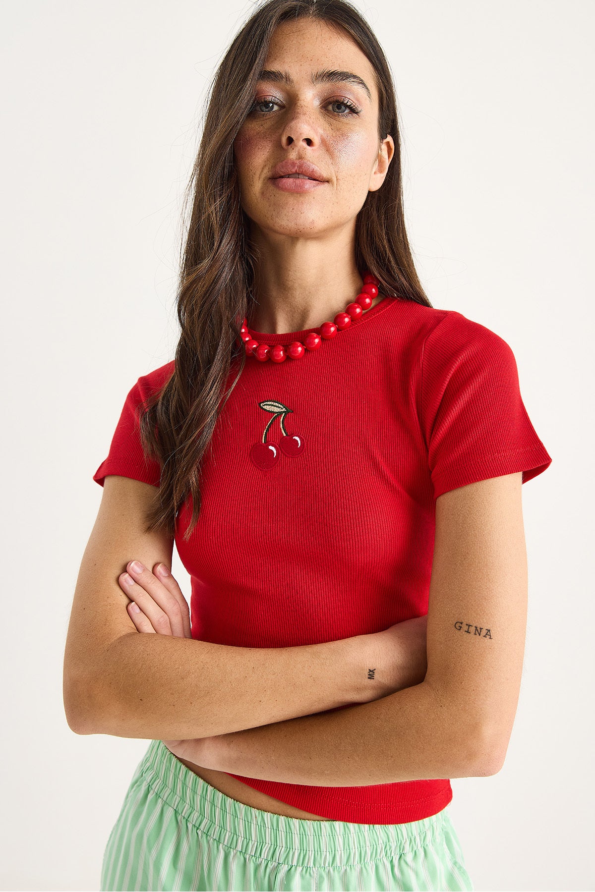 Women's Cherry Embroidered Ribbed Basic Crop T-Shirt 4053 60283400