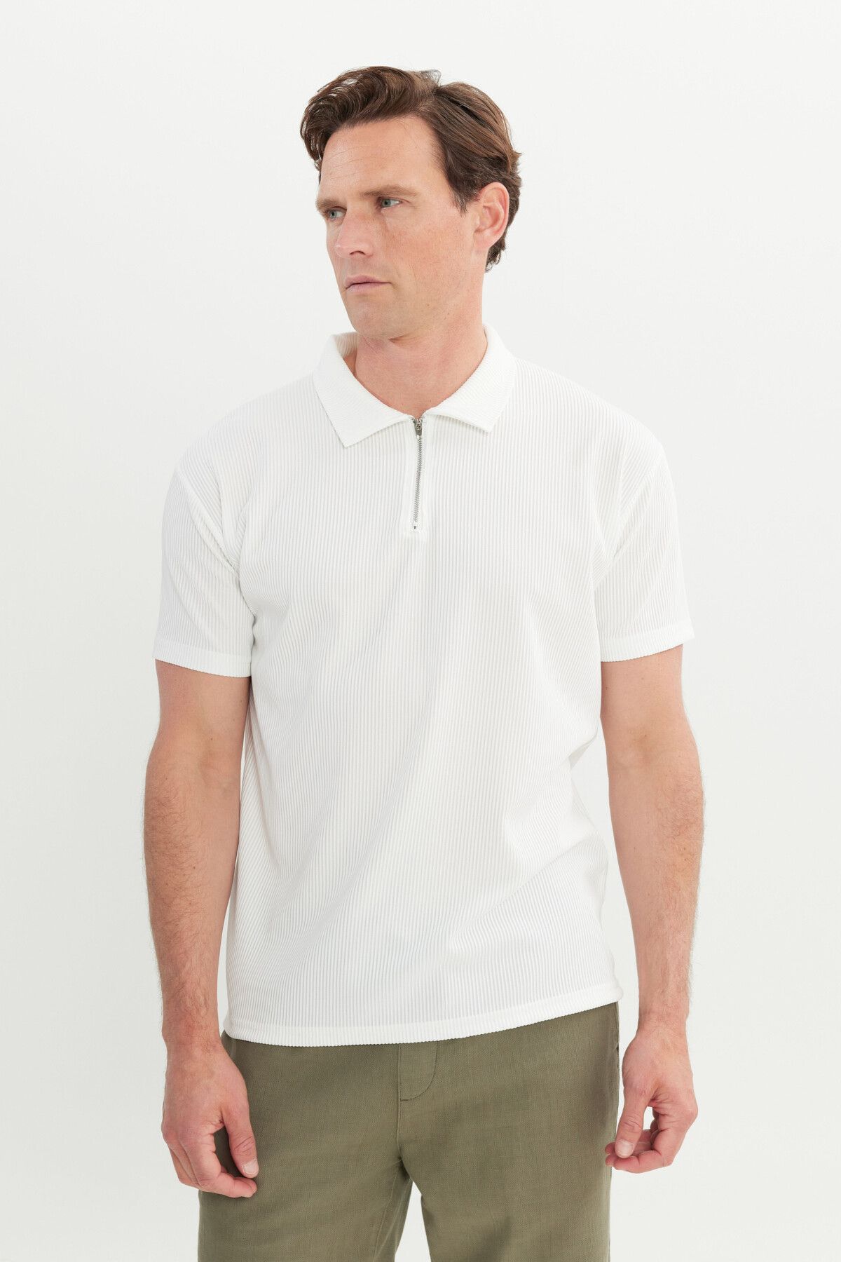 Men's ecru relax fit comfortable cut Polo Yaka Flexible T -shirt