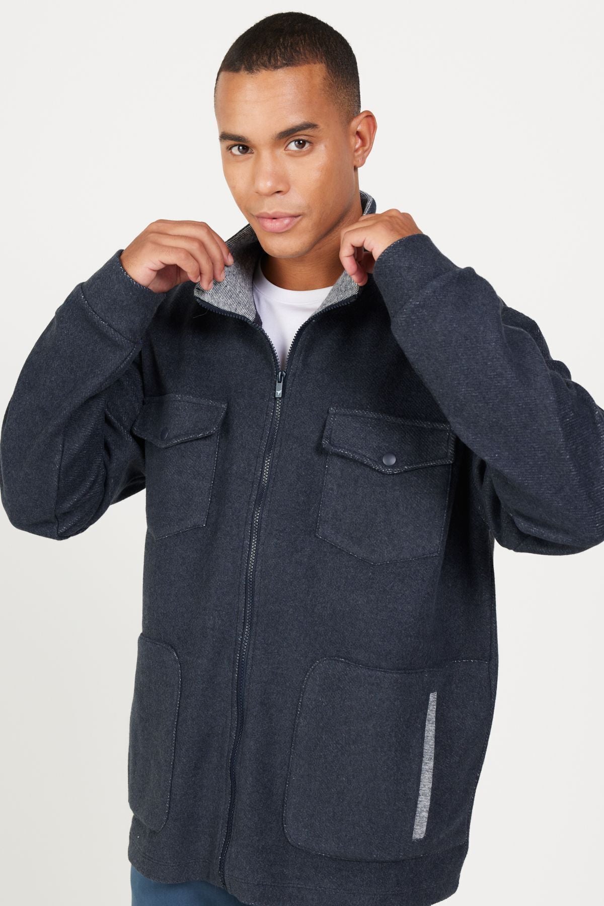 Men's Indigo Melanj Oversizle plenty of cut upright collar cotton patterned sweatshirt jacket