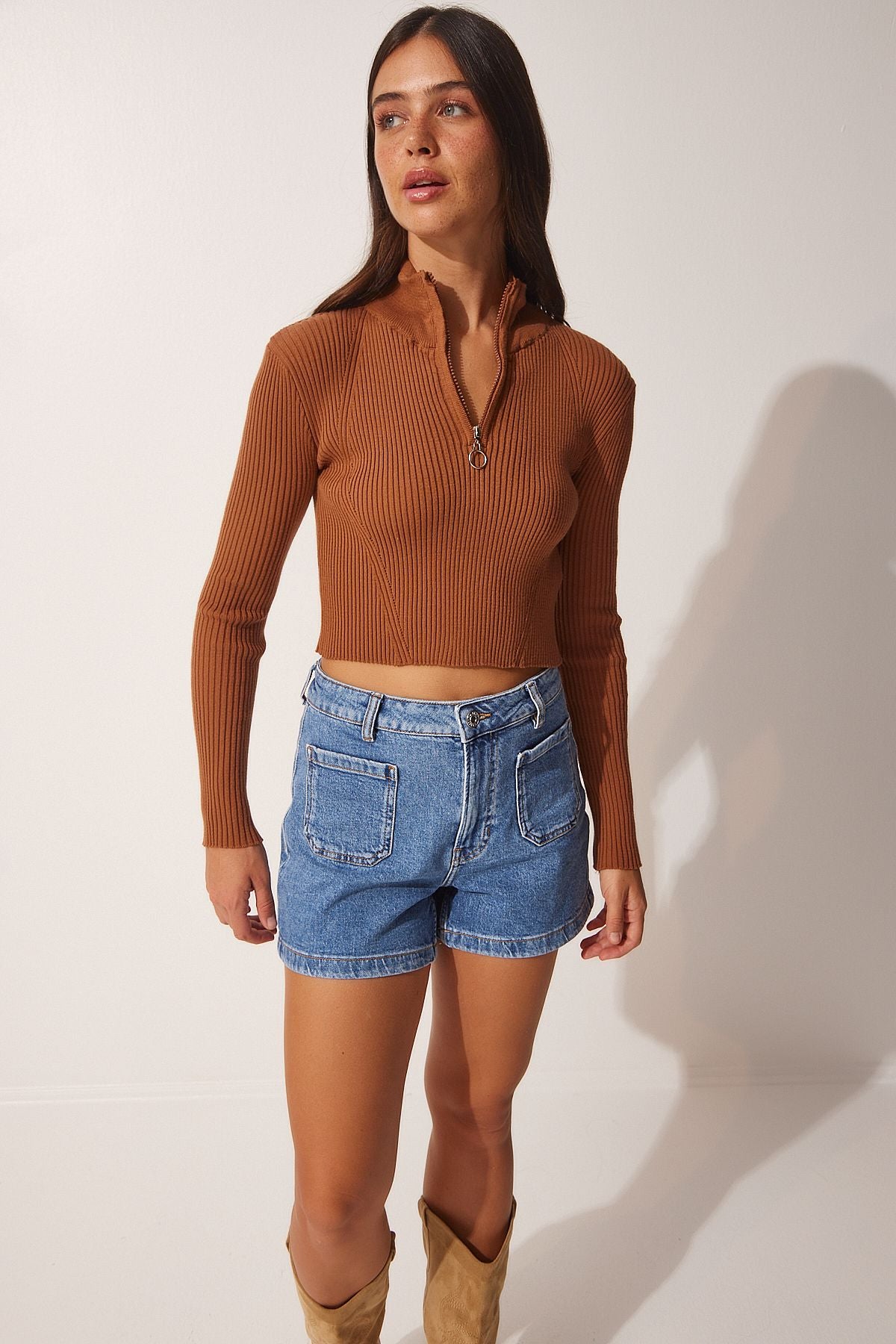 Women's Cinnamon Zippered Fisherman Yaka Knitwear Kazakh UB00120