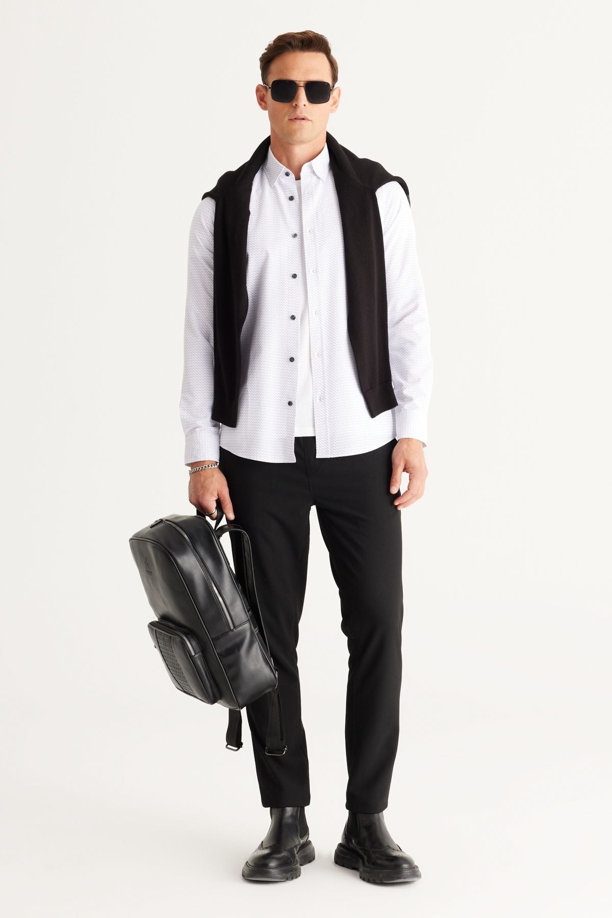 Men's White-Black Slim Fit Narrow Cut Hidden button collar cotton printed shirt