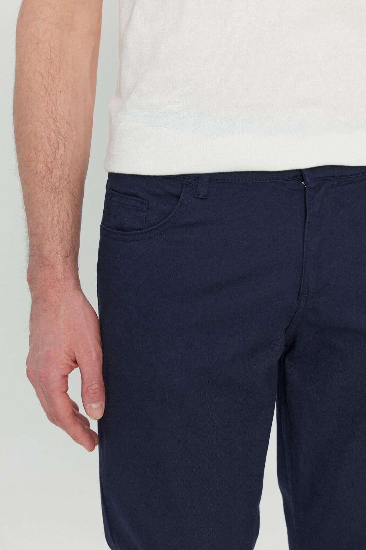 Men's navy blue cotton slim fit narrow cut 5 pocket flexible casual pants