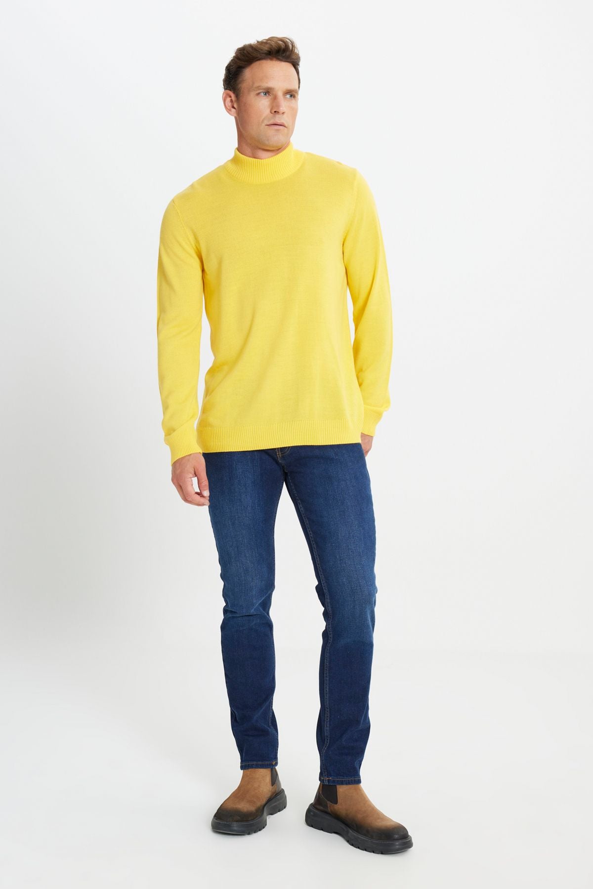 Men's yellow hair growth standard fit normal cut half fisherman collar knitwear sweater