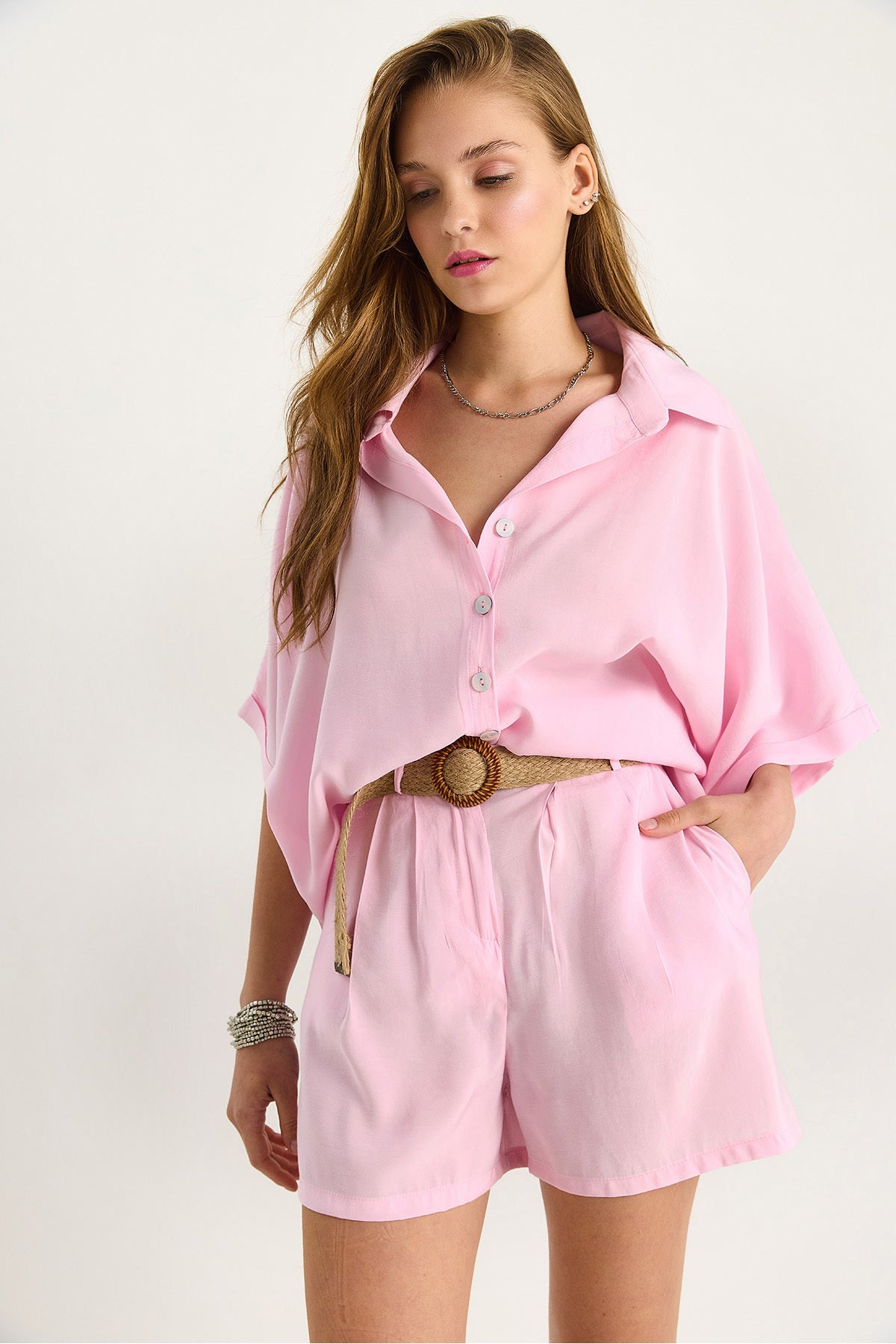 Women's Bat Sleeve Oversize Shirt Straw Belt Shorts Modal Suit 4010 60283476
