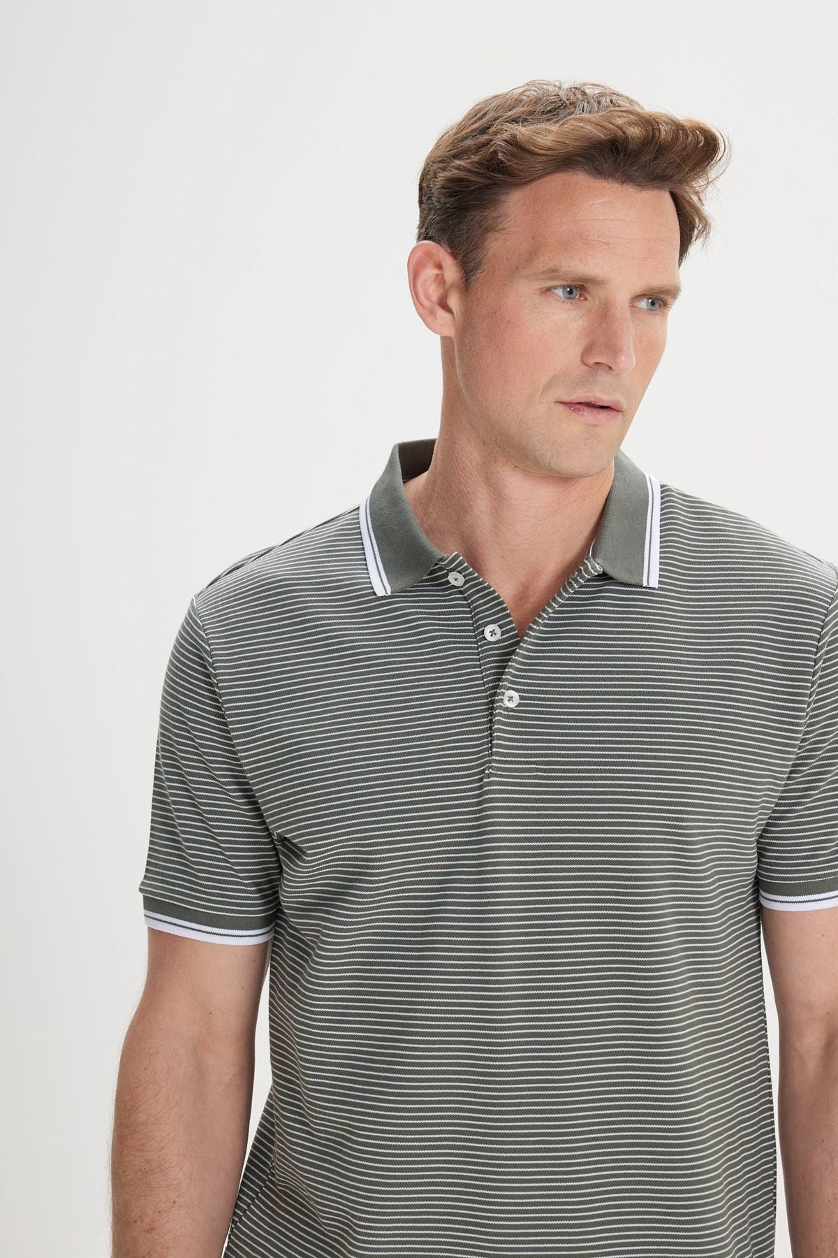 Men's Khaki-White Slim Fit Narrow Cut Cotton striped Polo Yaka T-shirt