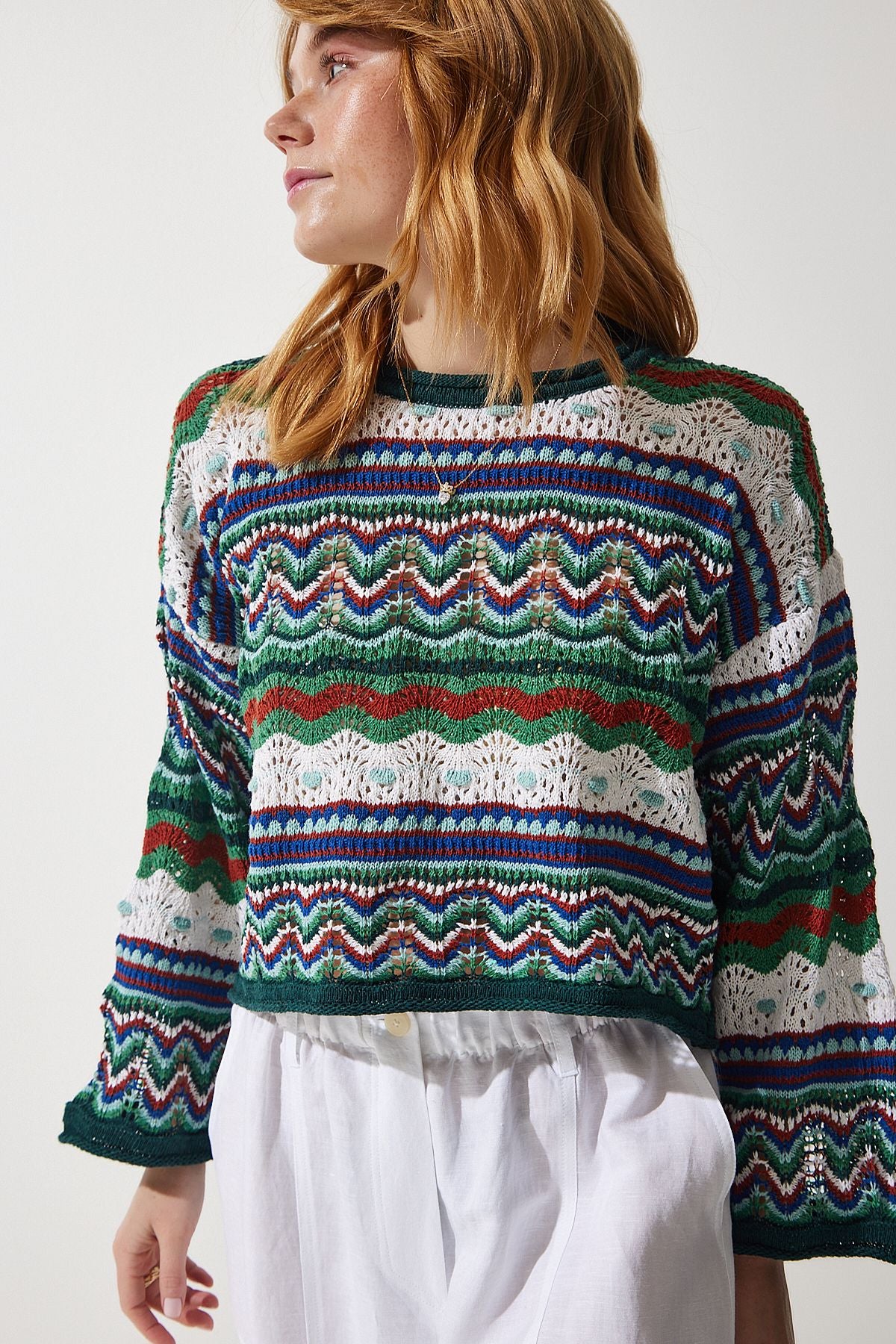 Women's Cream Green Patterned seasonal knitwear sweater MC00253