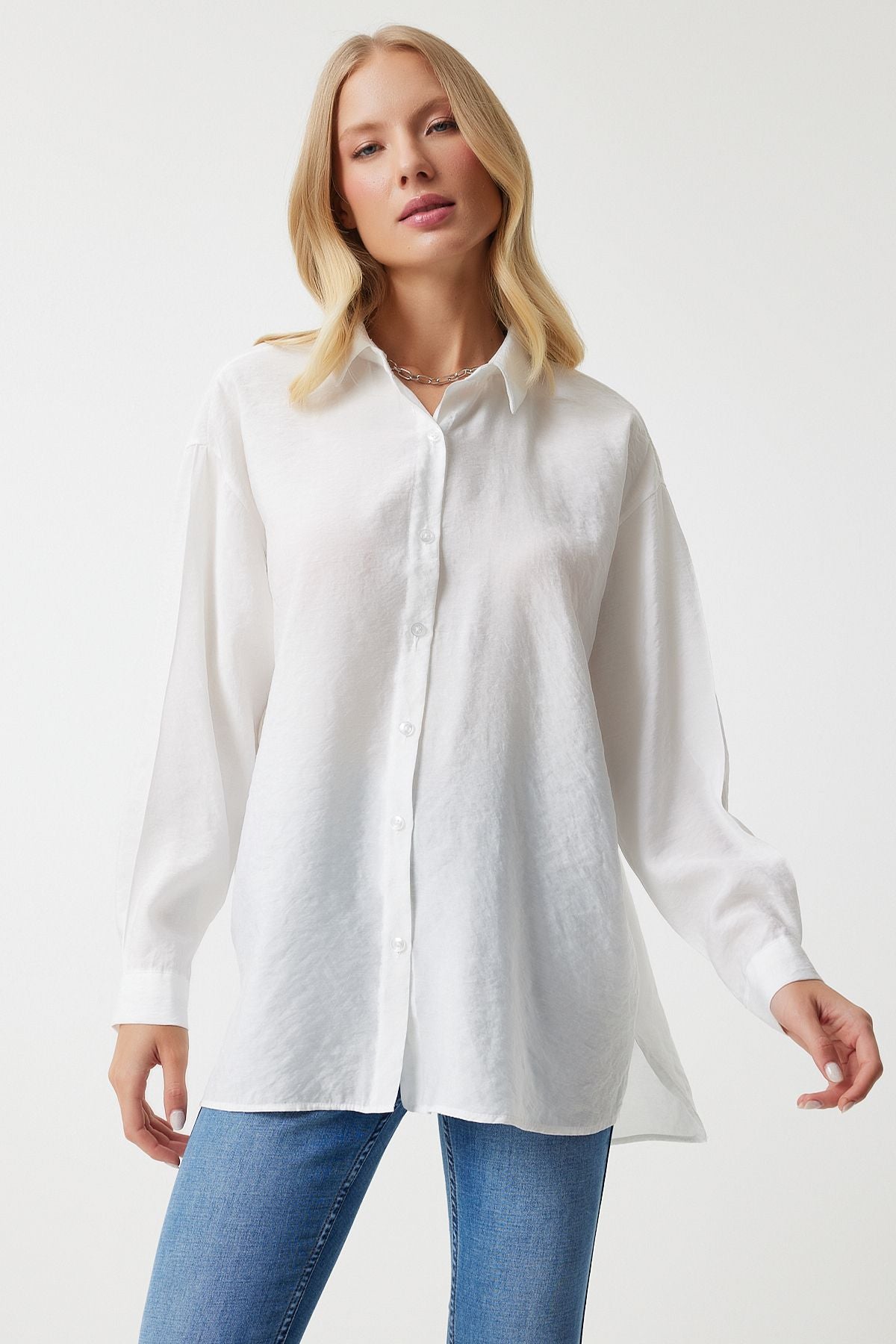 Woman Ekru Oversize Long Linen Ayrrin Shirt to00141