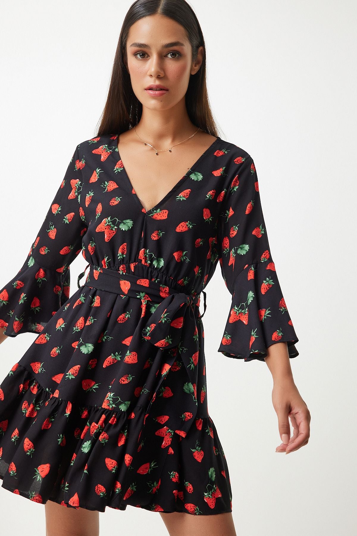 Woman Red Black Patterned Summer Viscon Clash Dress FN03202