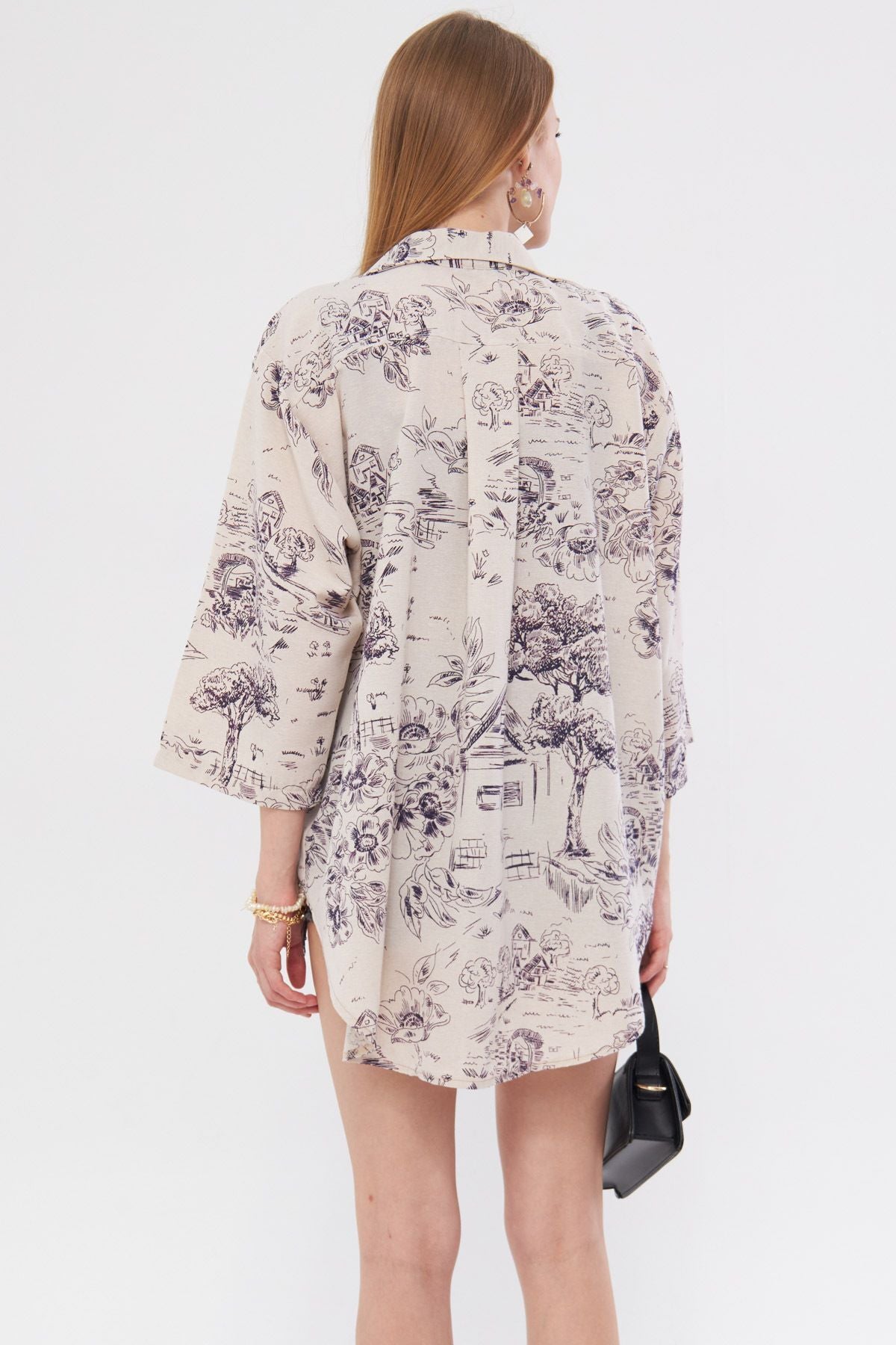 Female Purple Patterned Linen-looking front-binding kimono shirt ARM-24Y001079