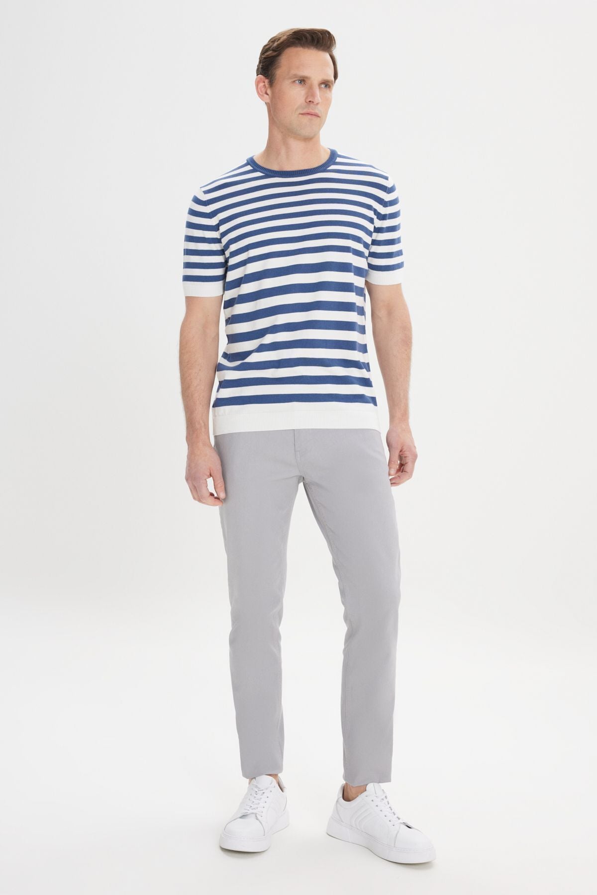 Men's Navy-White Slim Fit Narn Cut 100 %Cotton Striped Bicycle Yaka Triko T-shirt