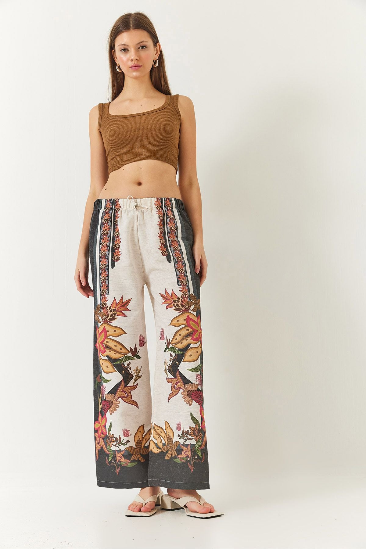 Women's waist rubber baglama detailed patterned palazzo pants 60261416