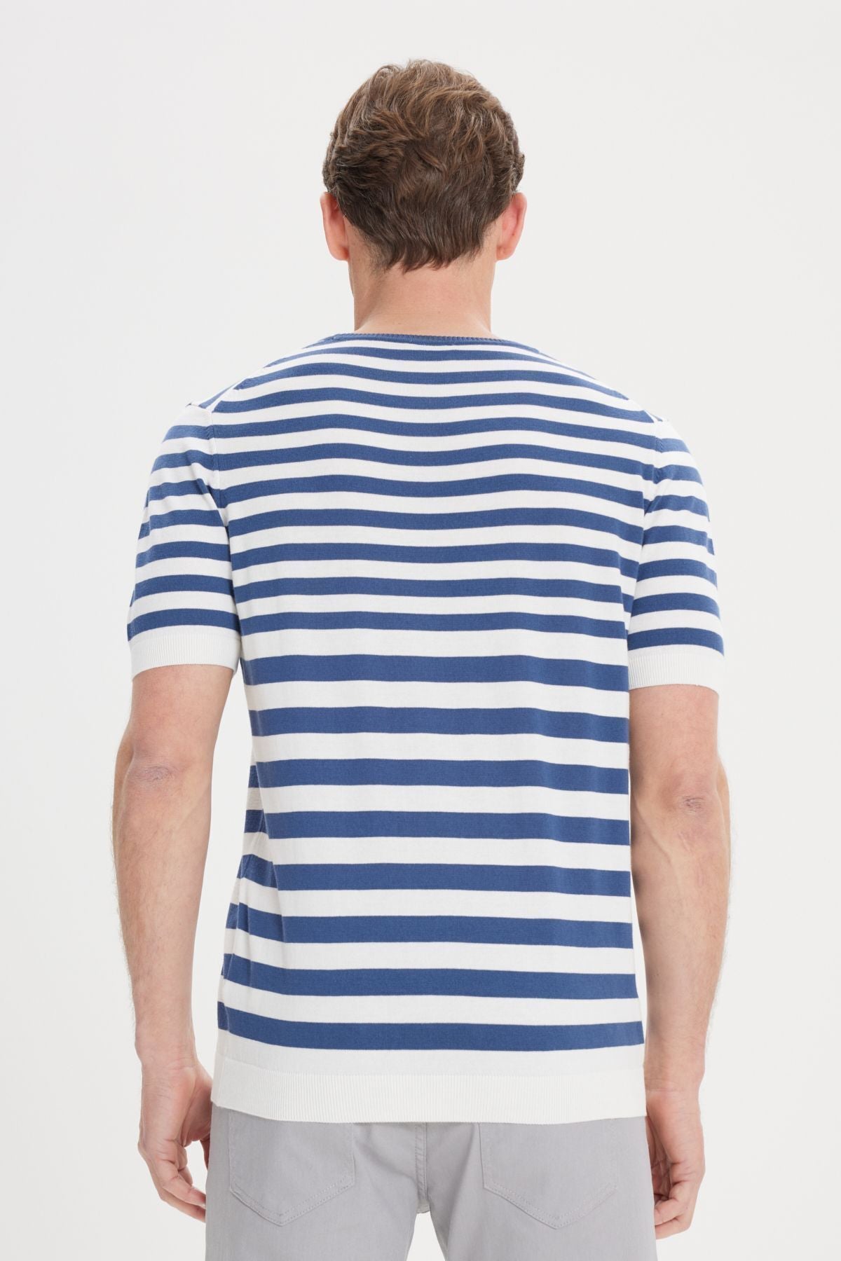 Men's Navy-White Slim Fit Narn Cut 100 %Cotton Striped Bicycle Yaka Triko T-shirt