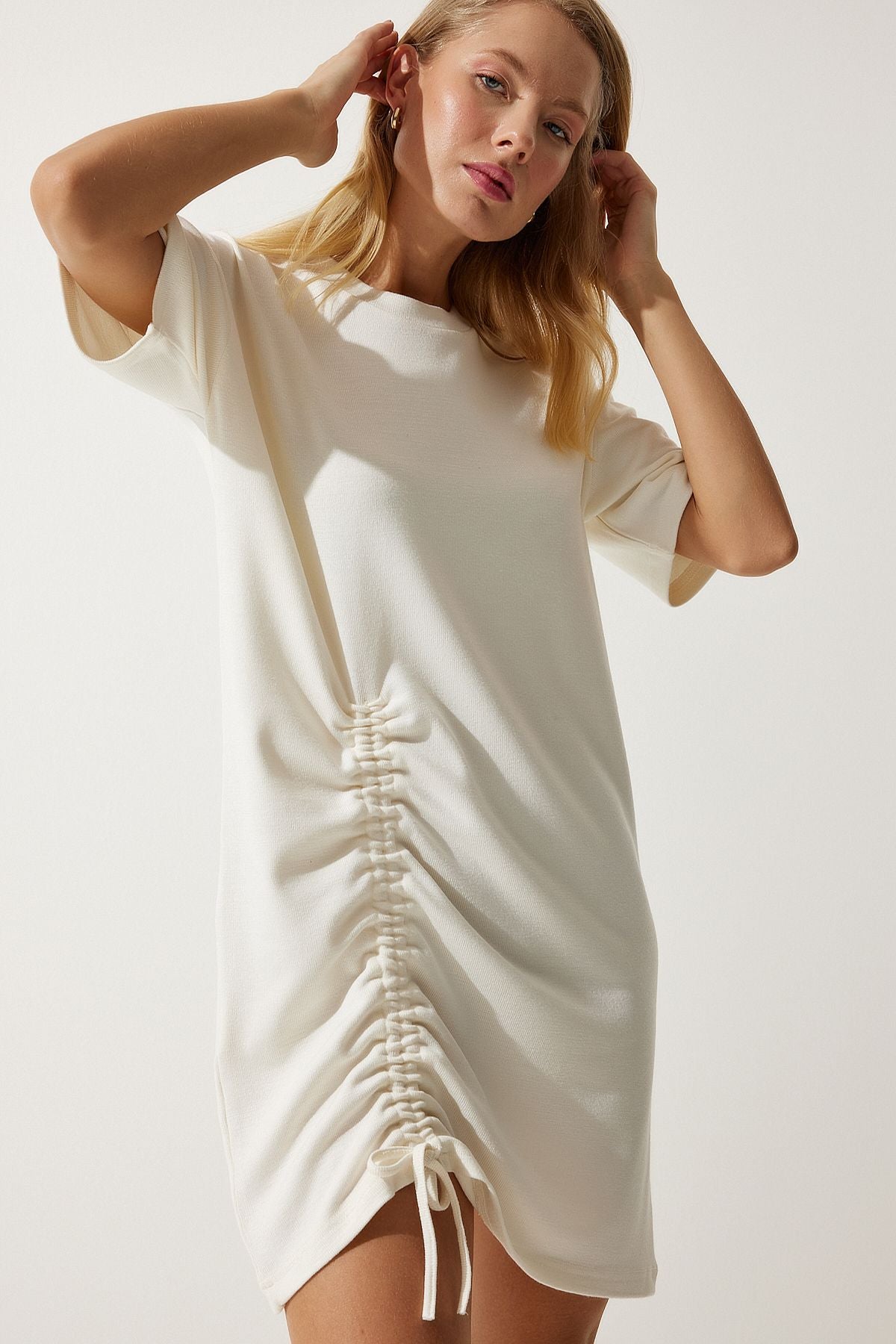 Women's Cream Shirred Mini Knitting Dress NV00065