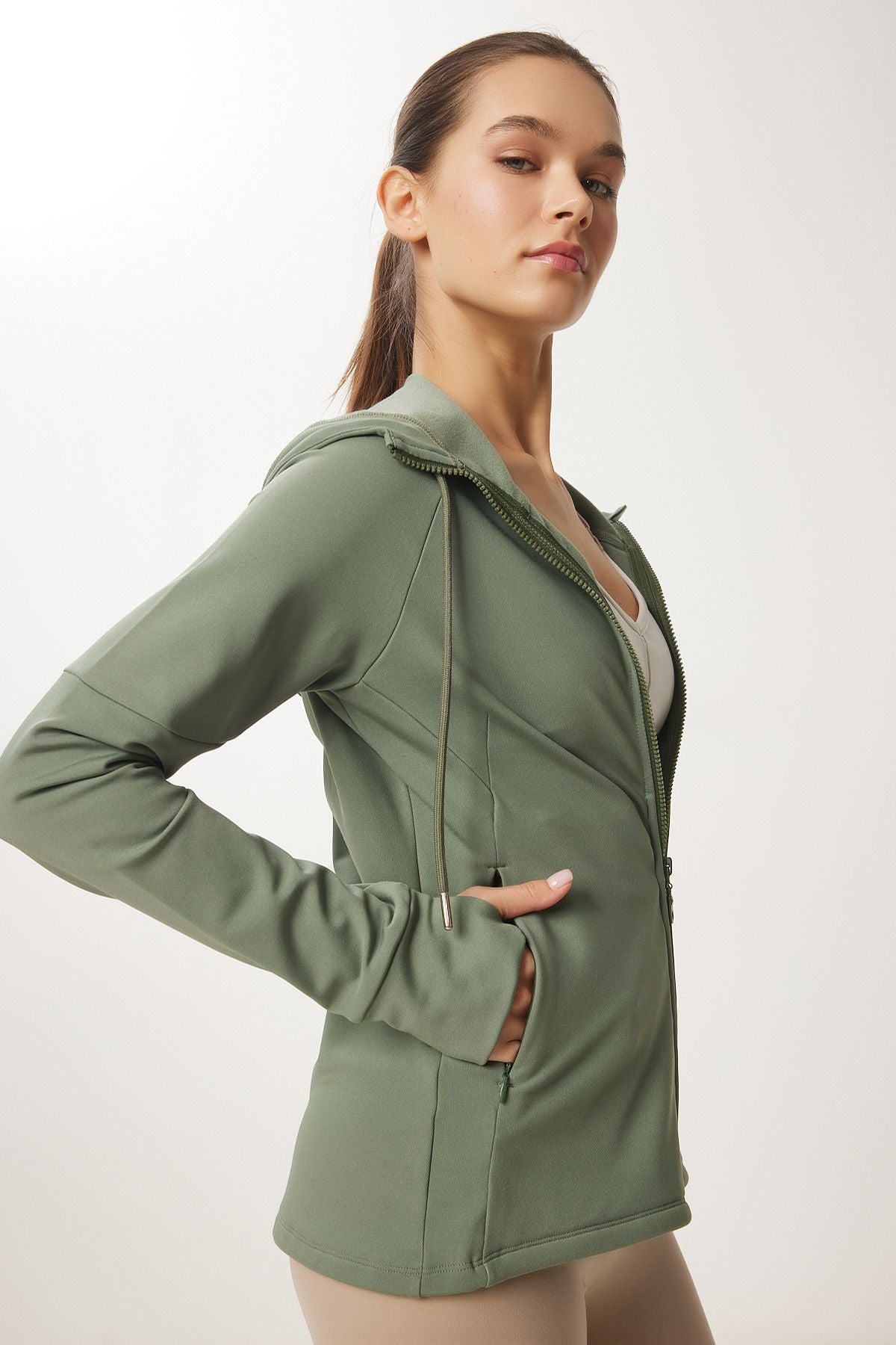 Female Khaki Finger Detailed Hooded Zipper Knitting Sweatshirt VX00007