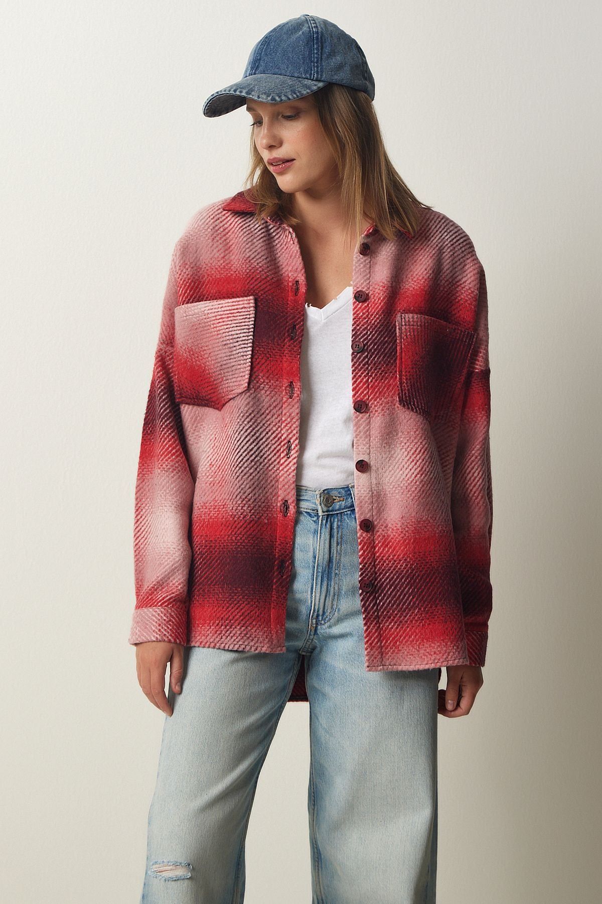 Kadın Kırmızı Oduncu Oversize Kaşe Gömlek Ceket TU00035