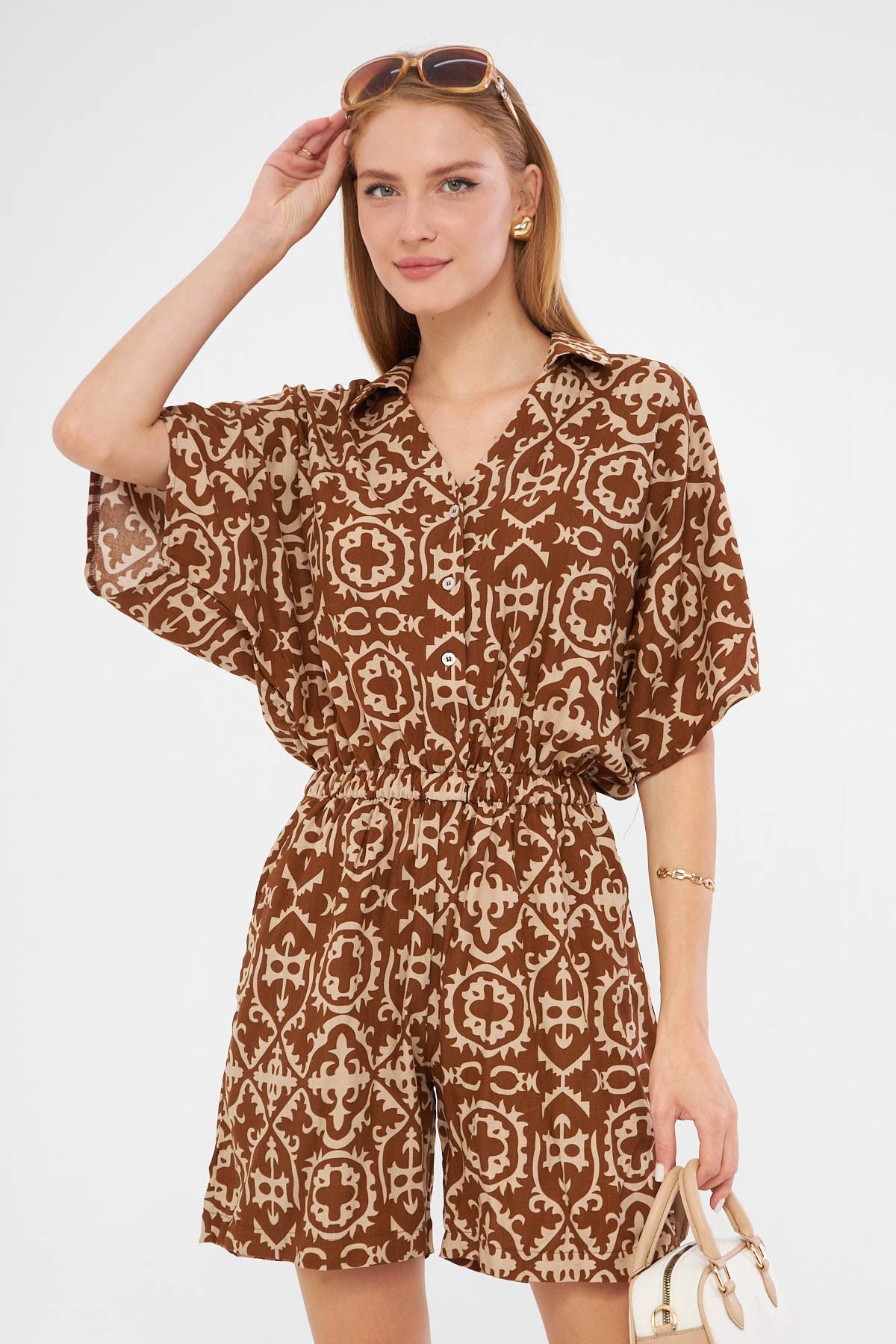 Woman Taba Shirt Cep Patterned Short Jumpsuit Arm-24Y001023
