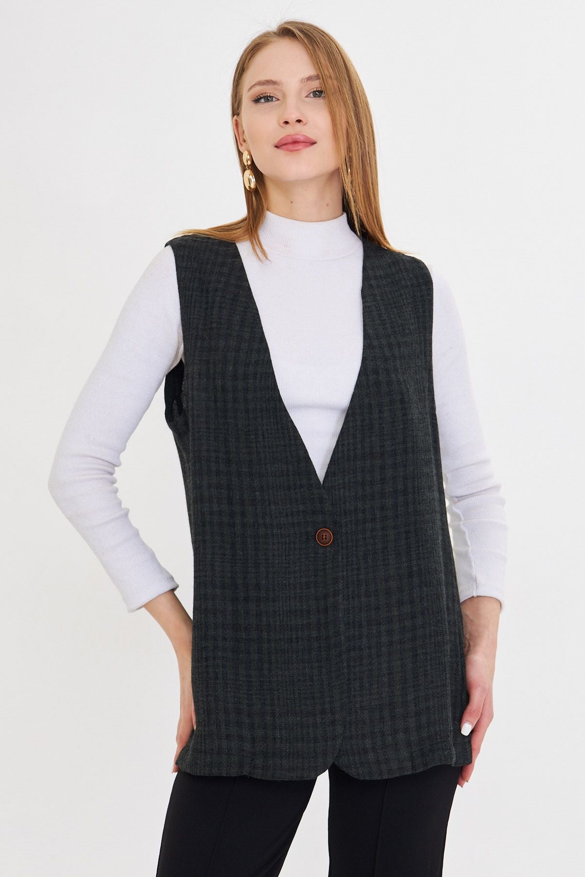 Woman Khaki V-Yaka Single button Oversize Patterned Vest ARM-25K001110