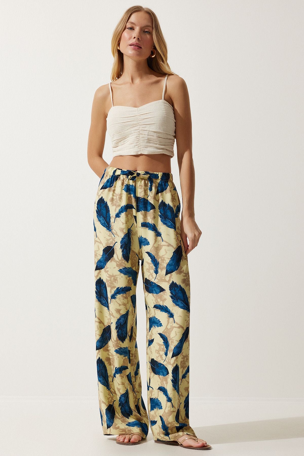 Woman Yellow Navy blue high waist summer plenty of viscose pants BH00354