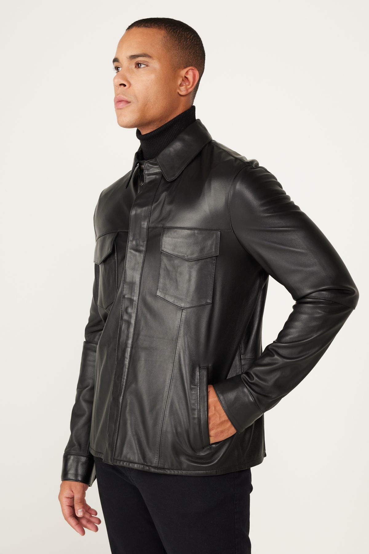 Male black 100 %genuine leather jacket standard fit normal cut classic collar